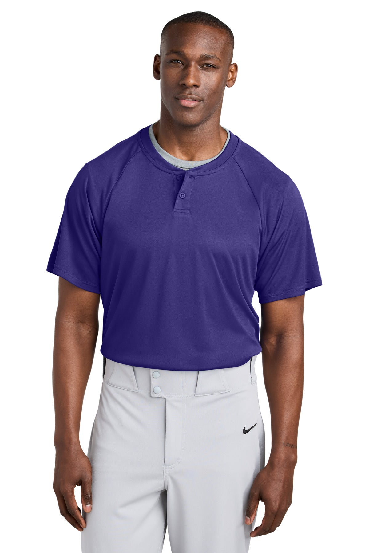Front View of Purple Sport-Tek PosiCharge Competitor 2-Button Henley ST359