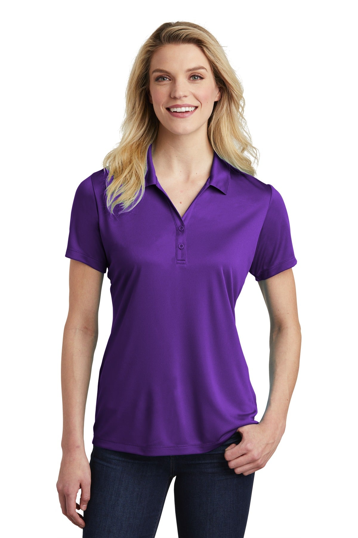 Front View of Purple Sport-Tek Women's PosiCharge Competitor Polo. LST550