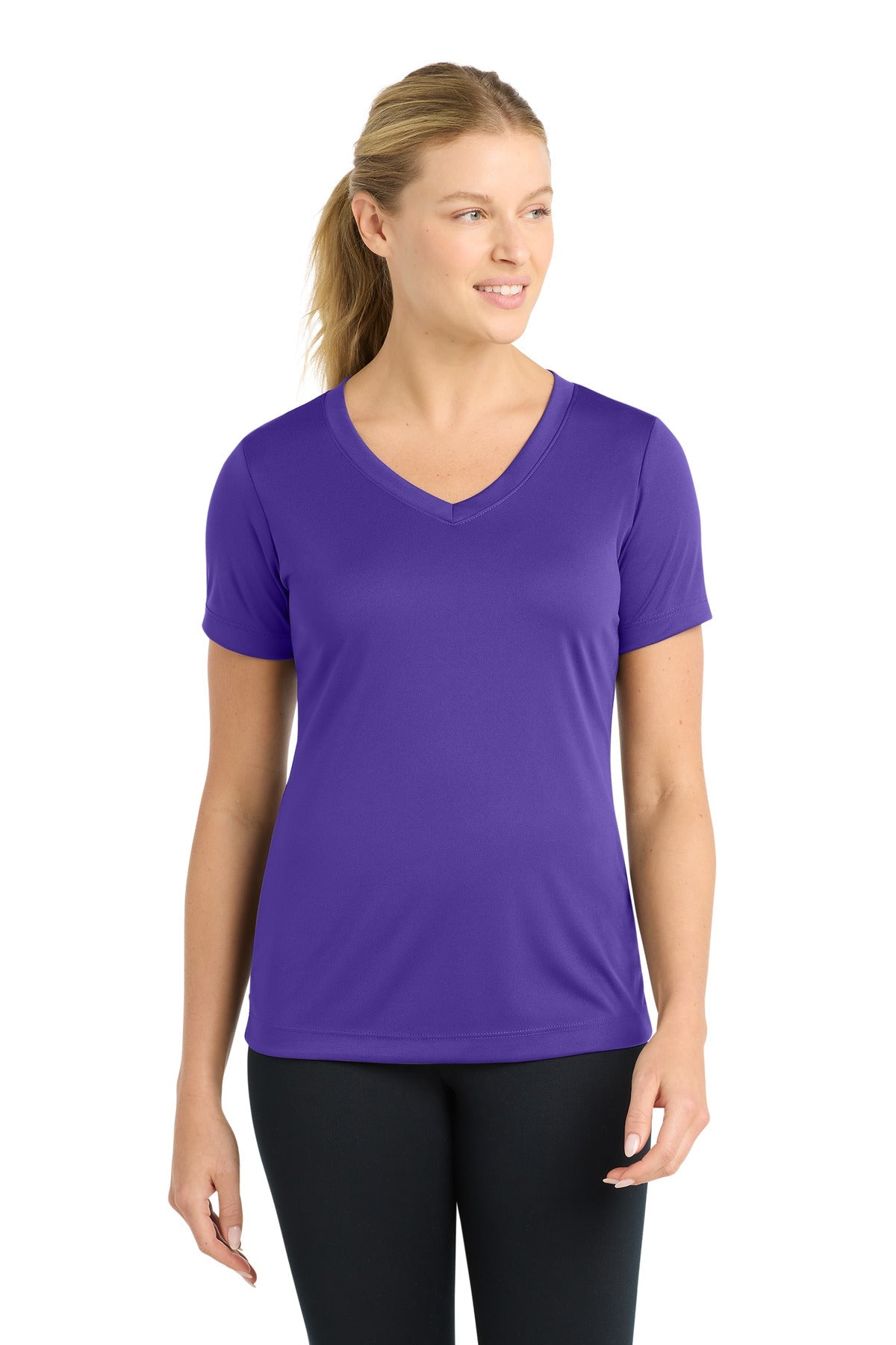 Front View of Purple Sport-Tek Women's PosiCharge Competitor V-Neck Tee. LST353