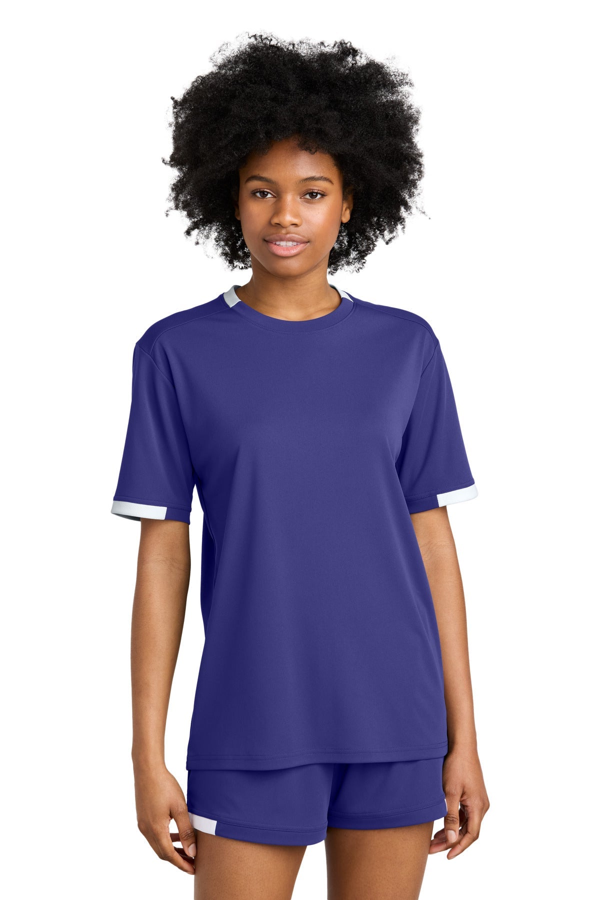 Front View of Purple/Wh Sport-Tek Club Short Sleeve Crew ST440