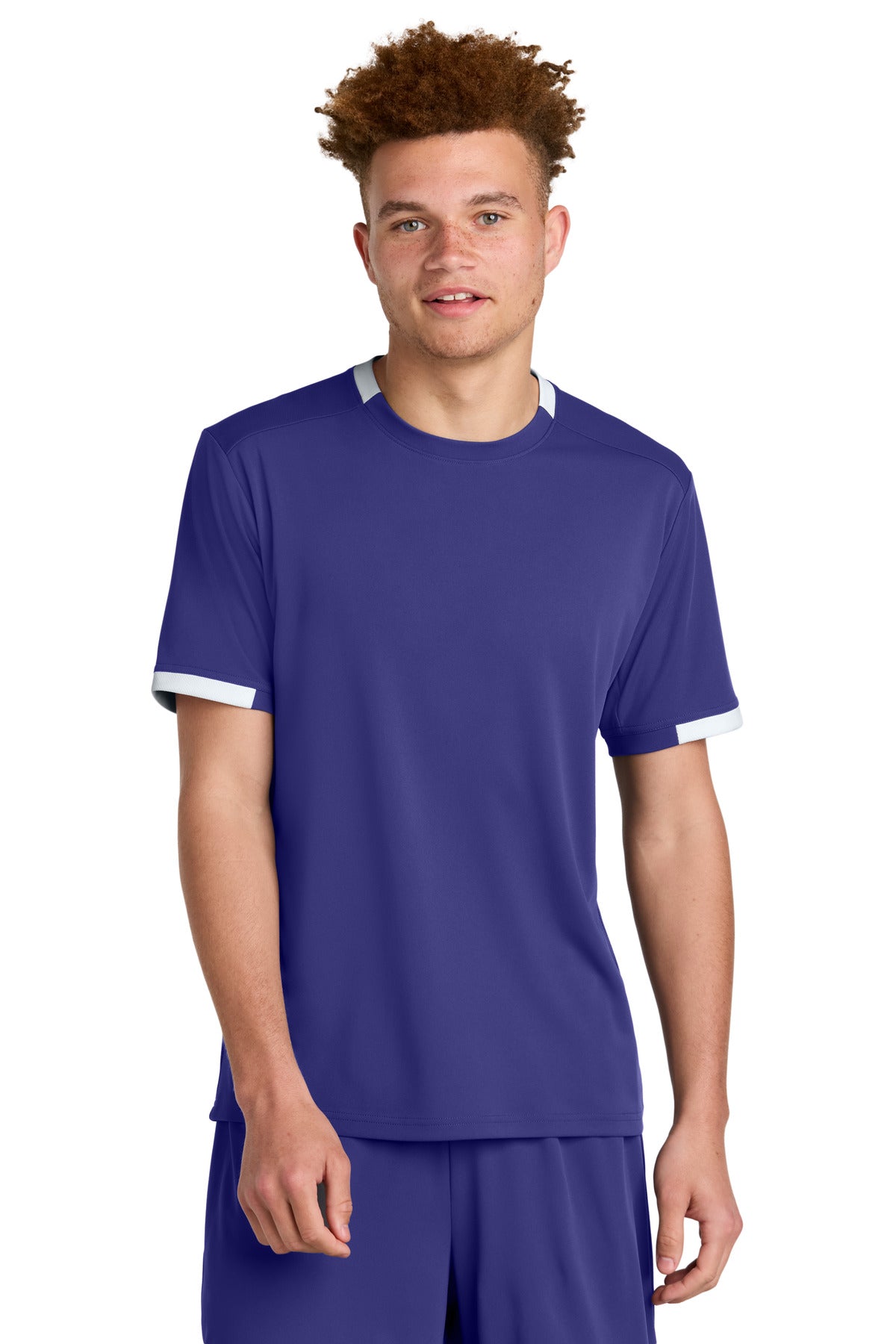 Front View of Purple/Wh Sport-Tek Club Short Sleeve Crew ST440