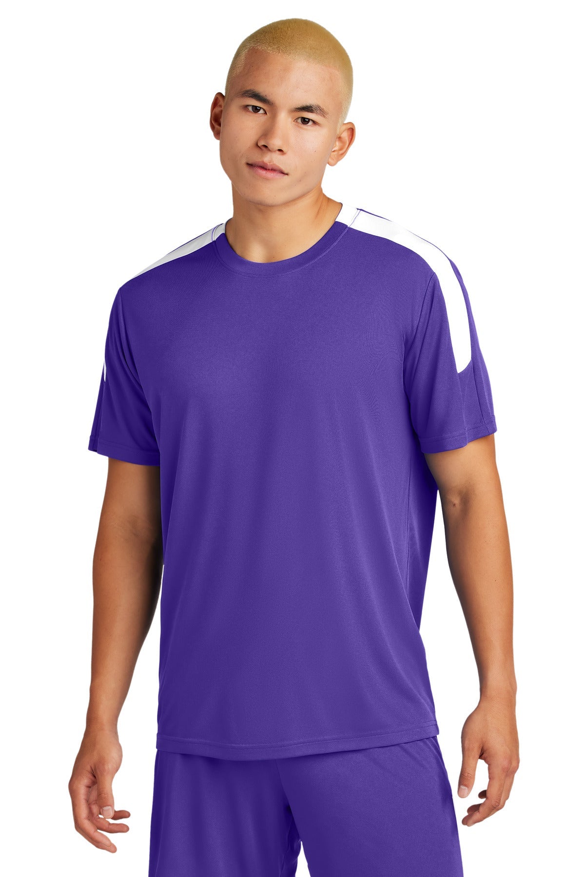 Front View of Purple/Wh Sport-Tek Competitor United Crew ST100