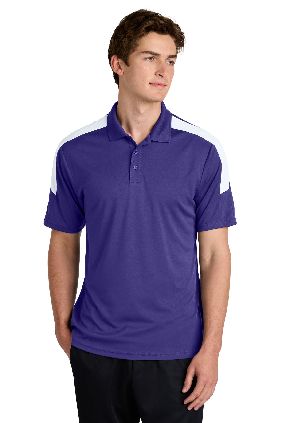 Front View of Purple/Wh Sport-Tek Competitor United Polo ST104