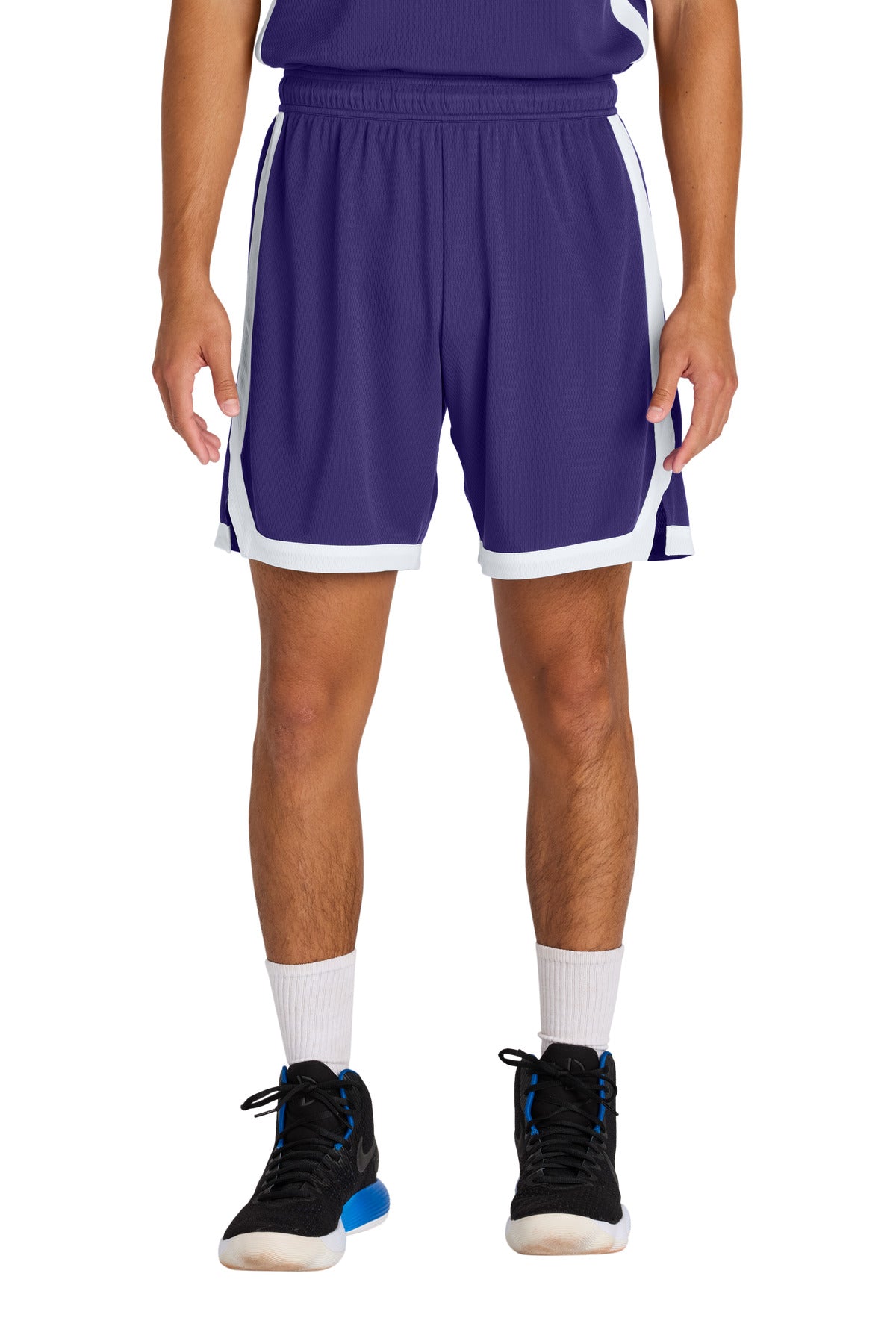 Front View of Purple/Wh Sport-Tek Rival Basketball 7"Short ST901