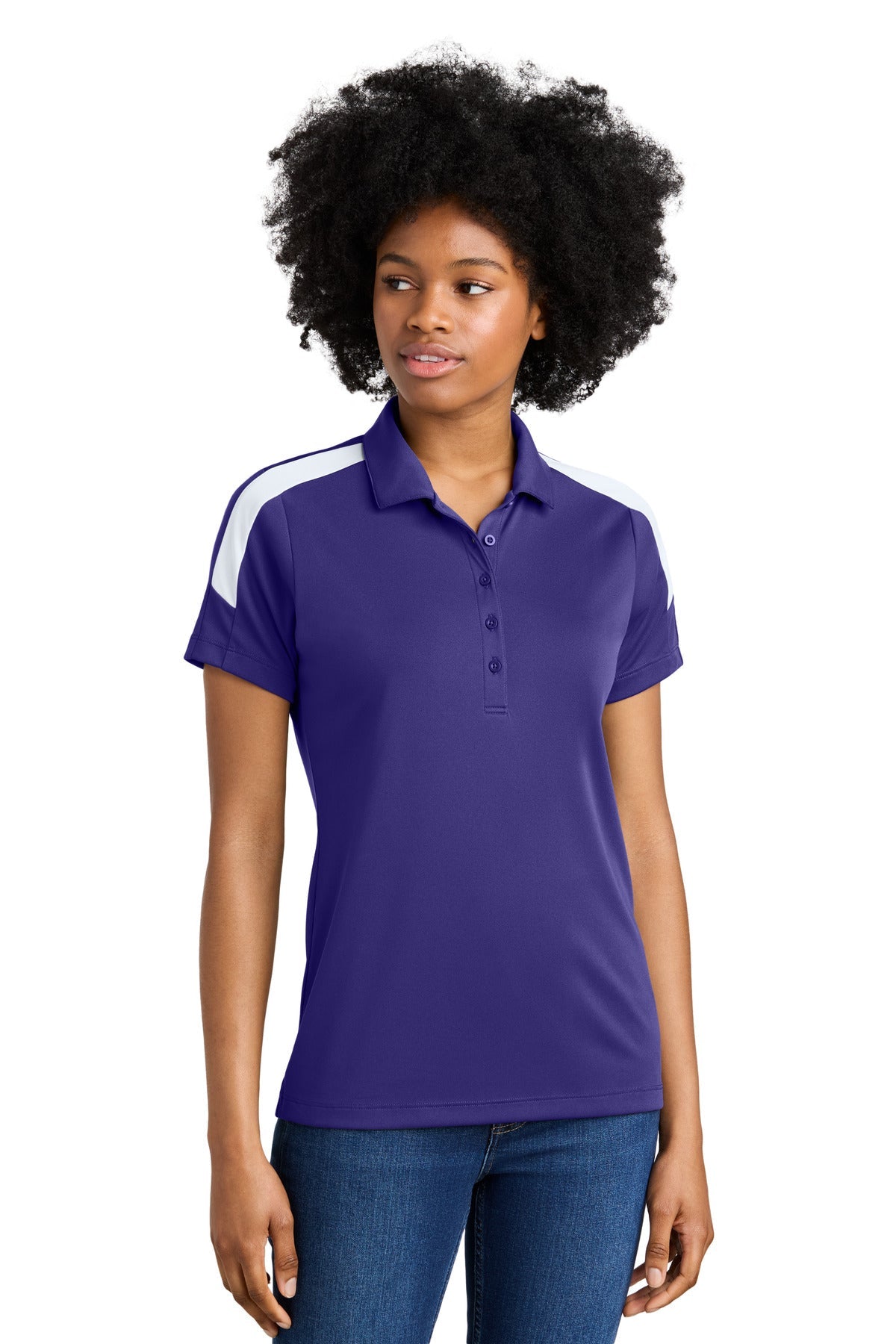 Front View of Purple/Wh Sport-Tek Women's Competitor United Polo LST104