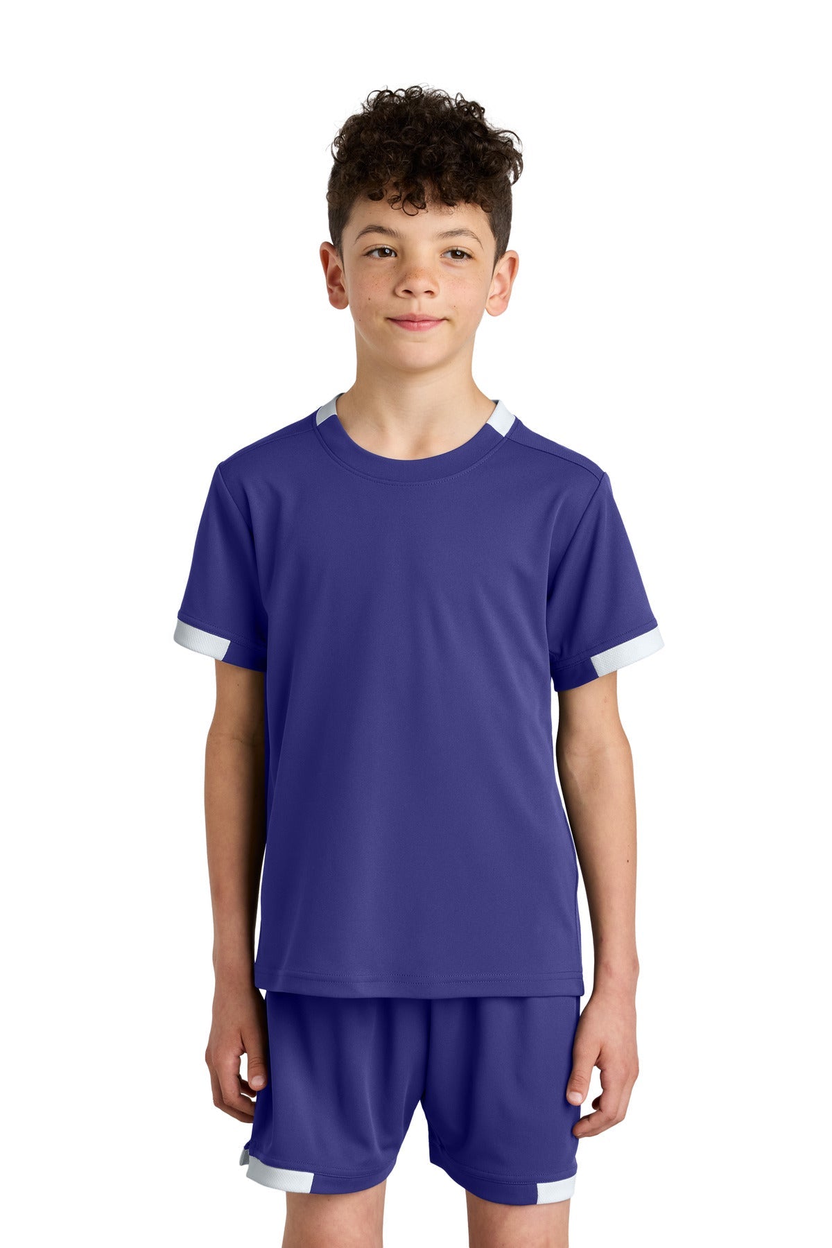 Front View of Purple/Wh Sport-Tek Youth Club Short Sleeve Crew YST440