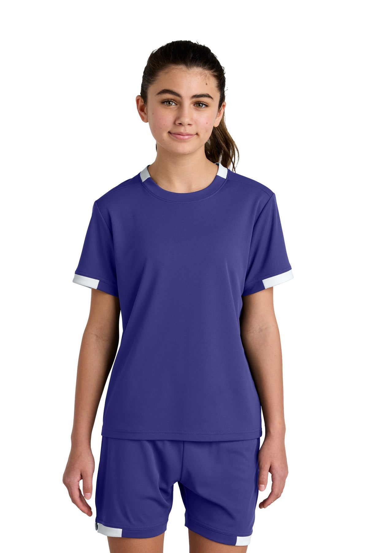 Front View of Purple/Wh Sport-Tek Youth Club Short Sleeve Crew YST440