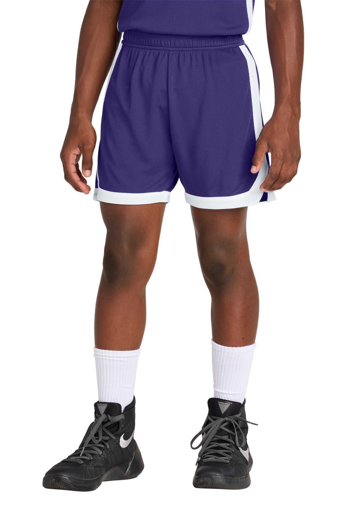 Front View of Purple/Wh Sport-Tek Youth Rival Basketball 5" Short YST901
