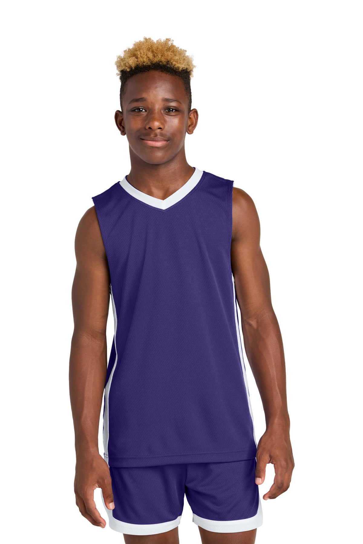 Front View of Purple/Wh Sport-Tek Youth Rival Basketball Rev Jersey YST900
