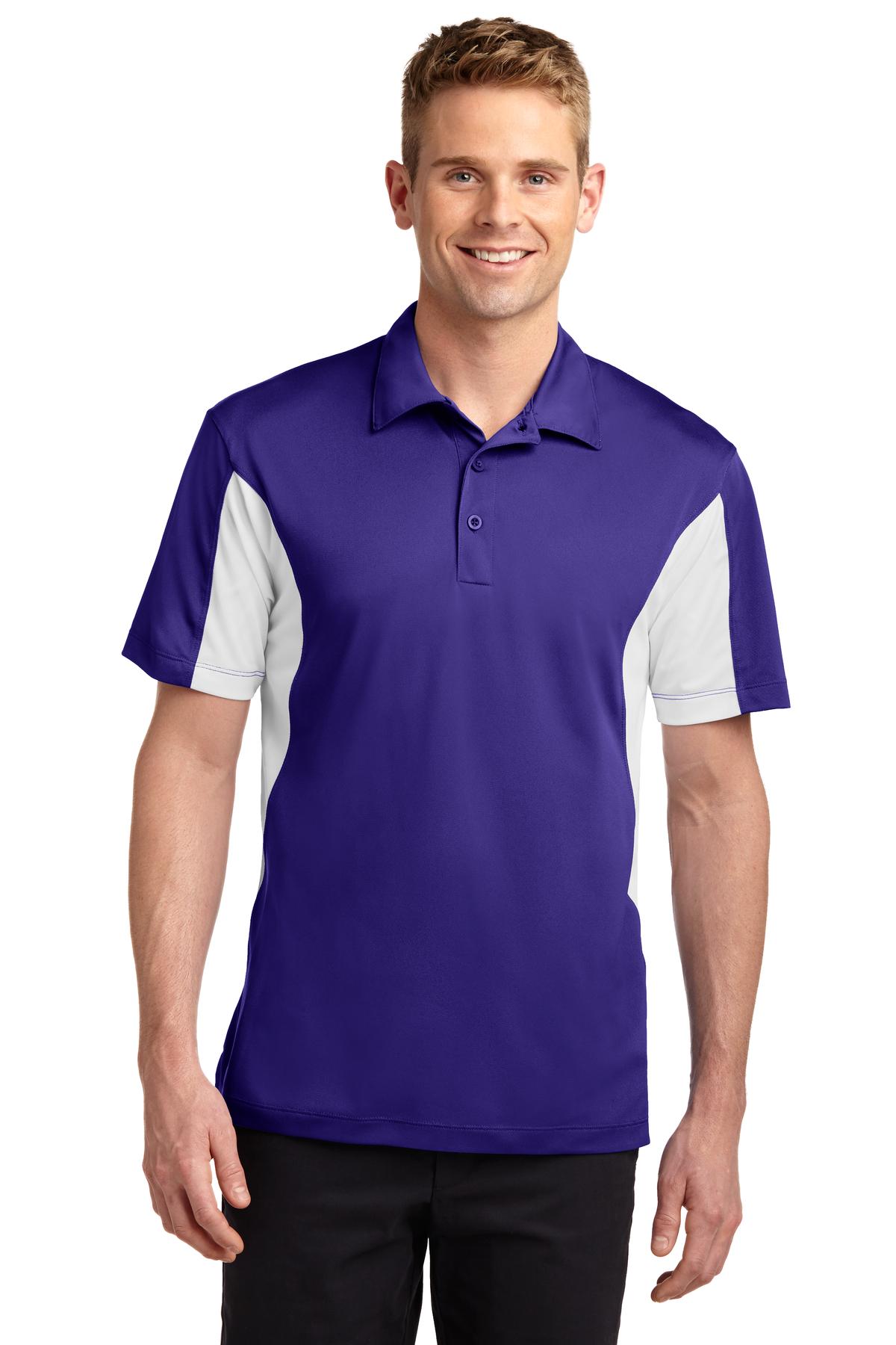 Front View of Purple/White Sport-Tek Side Blocked Micropique Sport-Wick Polo. ST655