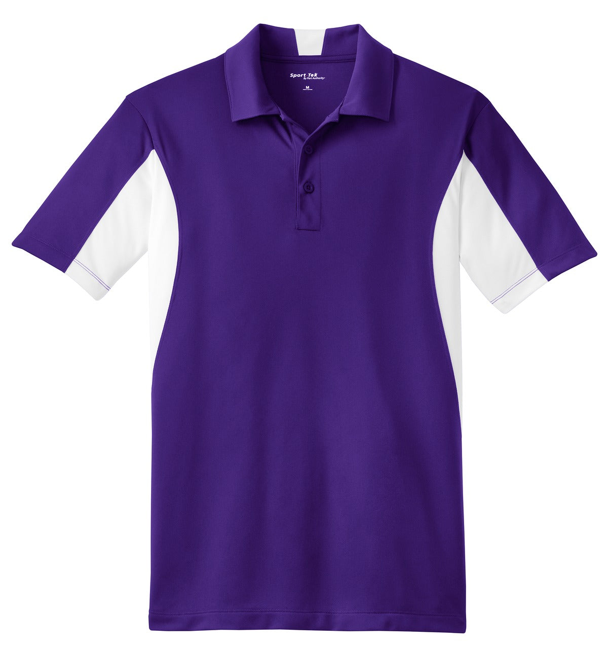 Front View of Purple/White Sport-Tek Side Blocked Micropique Sport-Wick Polo. ST655