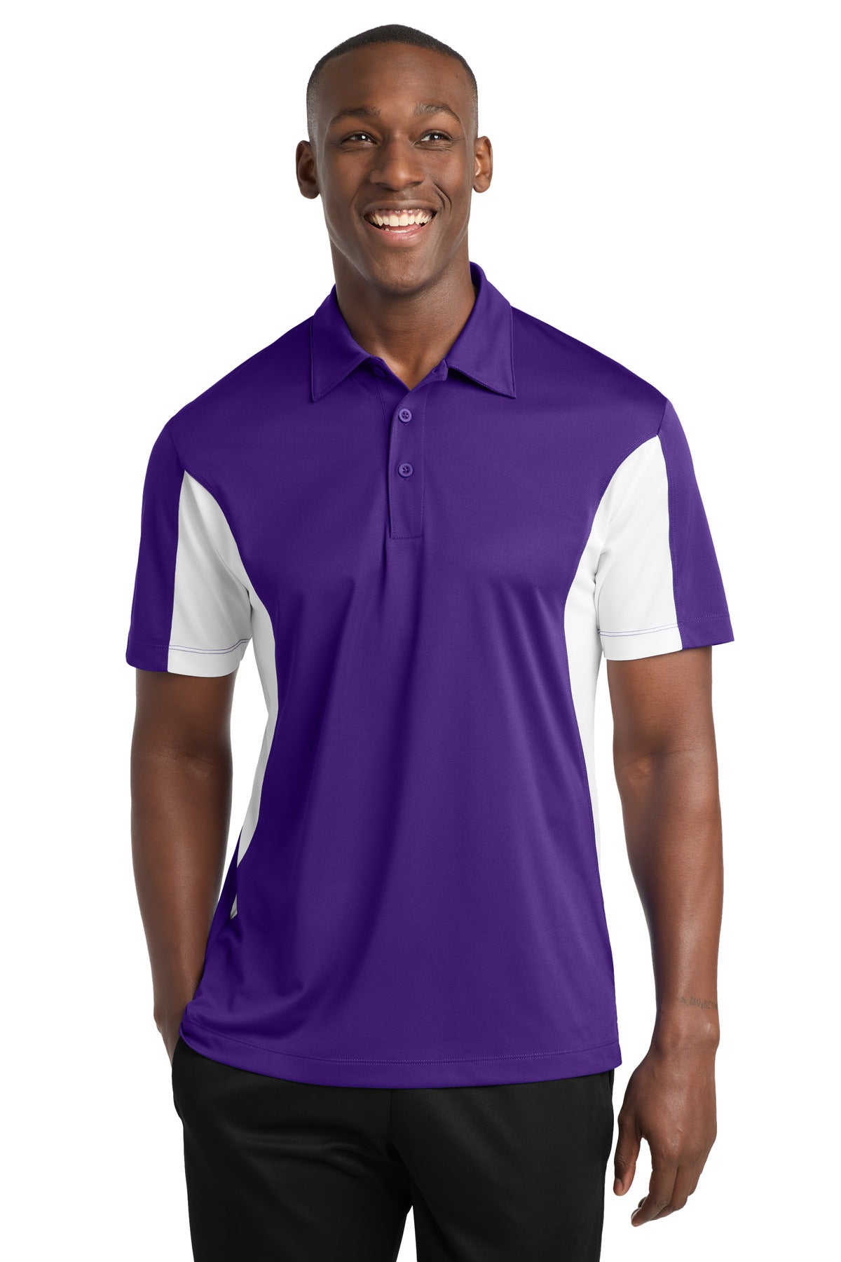 Front View of Purple/White Sport-Tek Side Blocked Micropique Sport-Wick Polo. ST655