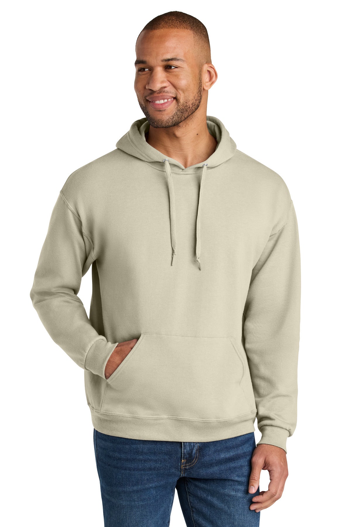 Front View of Putty Jerzees Ultimate Unisex CVC Ring Spun Hooded Sweatshirt IC49M