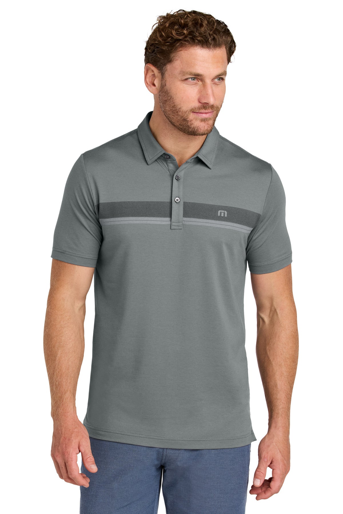 Front View of QuiShaGrey TravisMathew Glenview Stripe Polo TMA41462