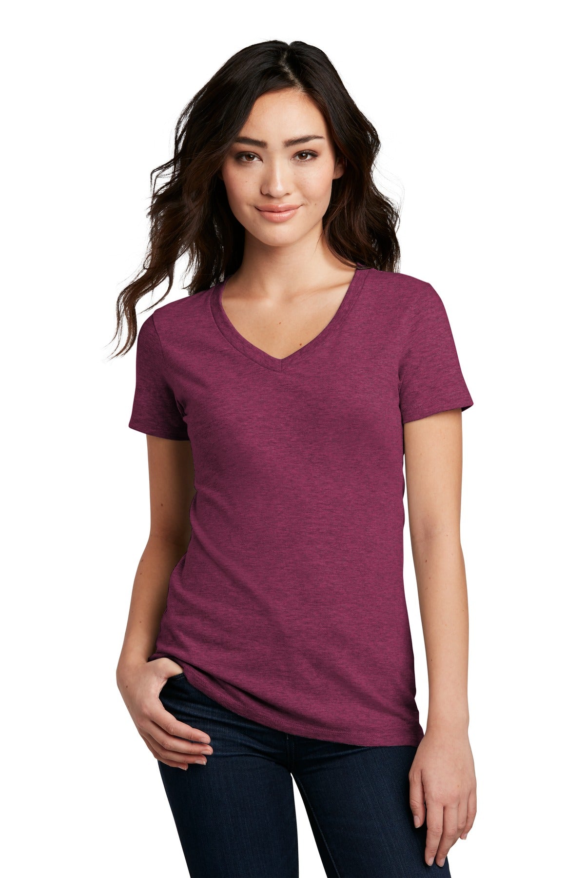 Front View of Raspberry Flck District Women's Perfect Blend CVC V-Neck Tee. DM1190L