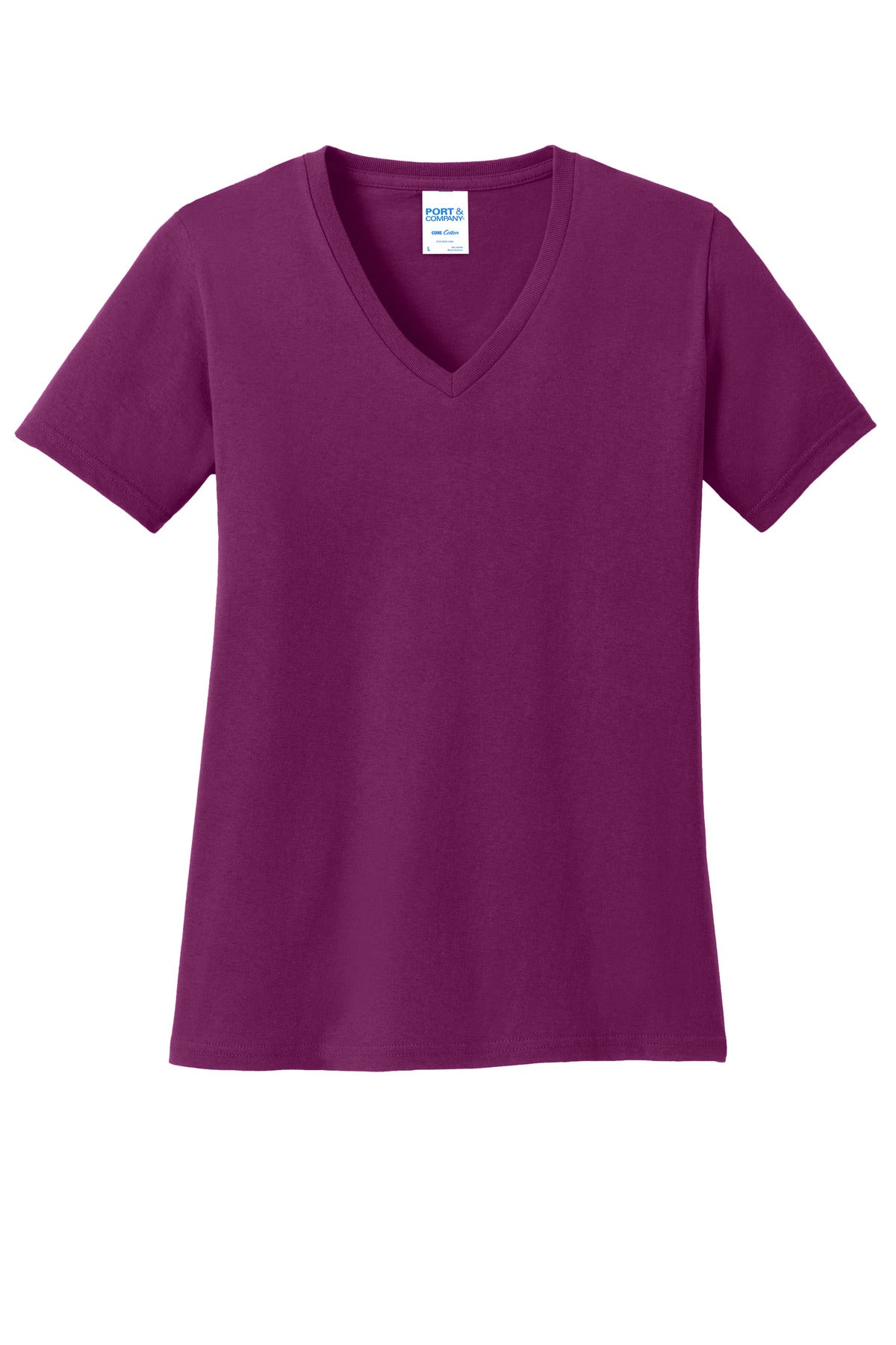 Front View of Raspberry Port & Co Women's Core Cotton V-Neck Tee. LPC54V
