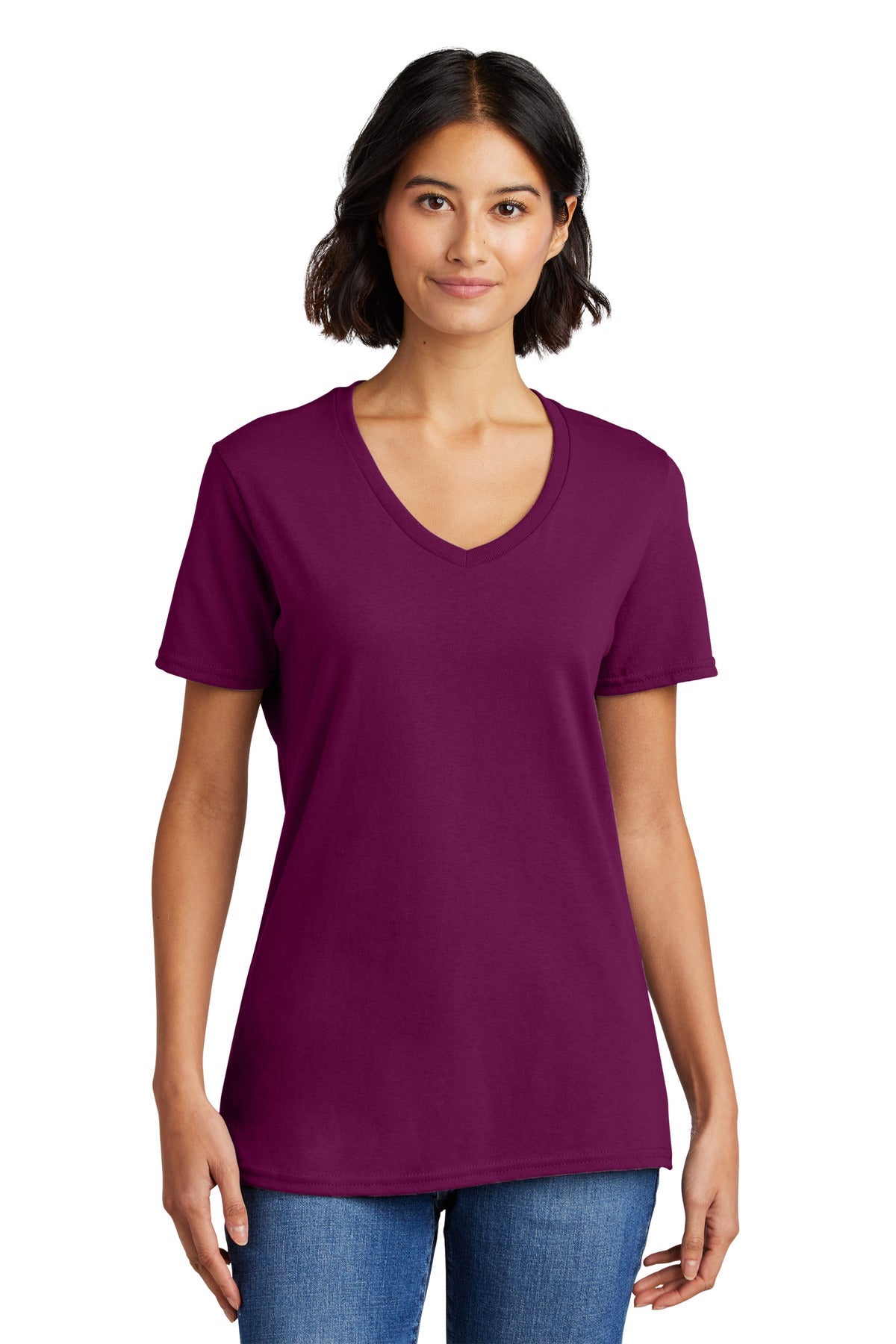 Front View of Raspberry Port & Co Women's Core Cotton V-Neck Tee. LPC54V