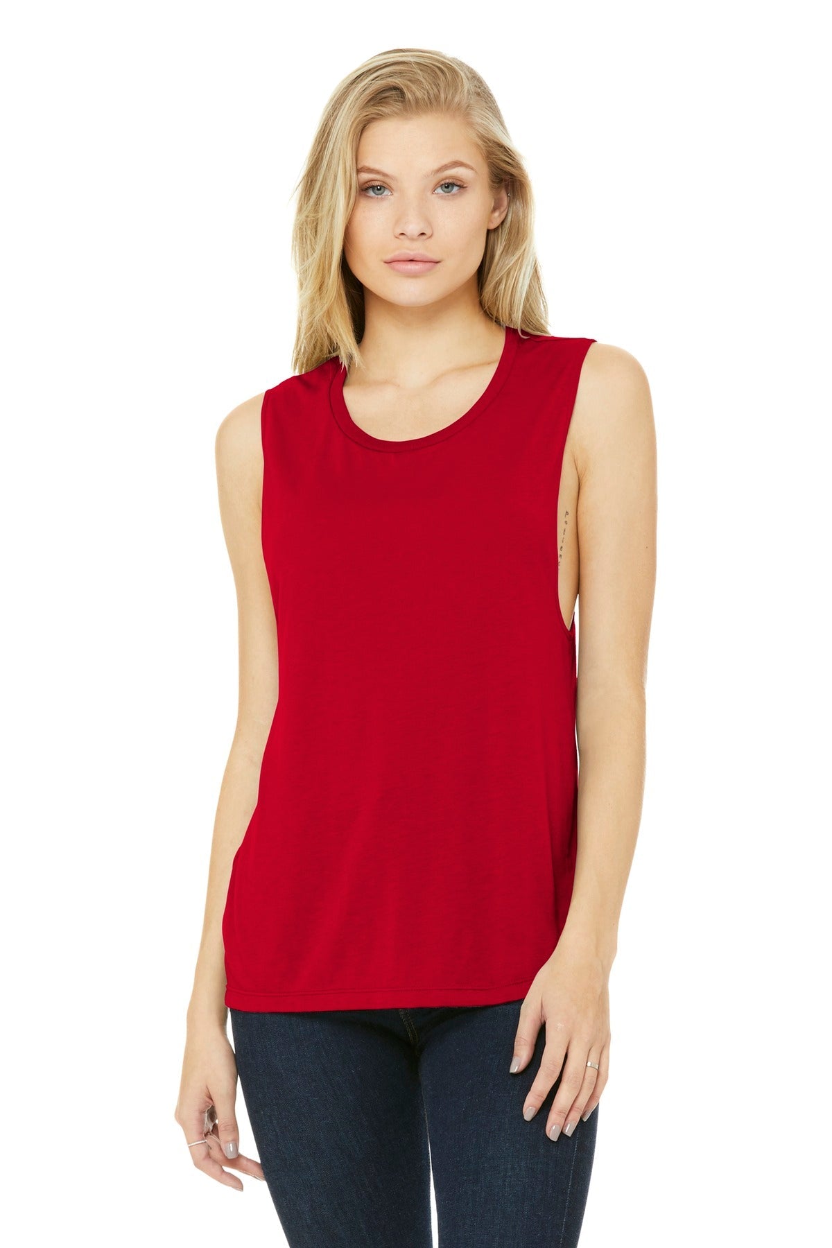 Front View of Red BELLA+CANVAS Women's Flowy Scoop Muscle Tank. BC8803