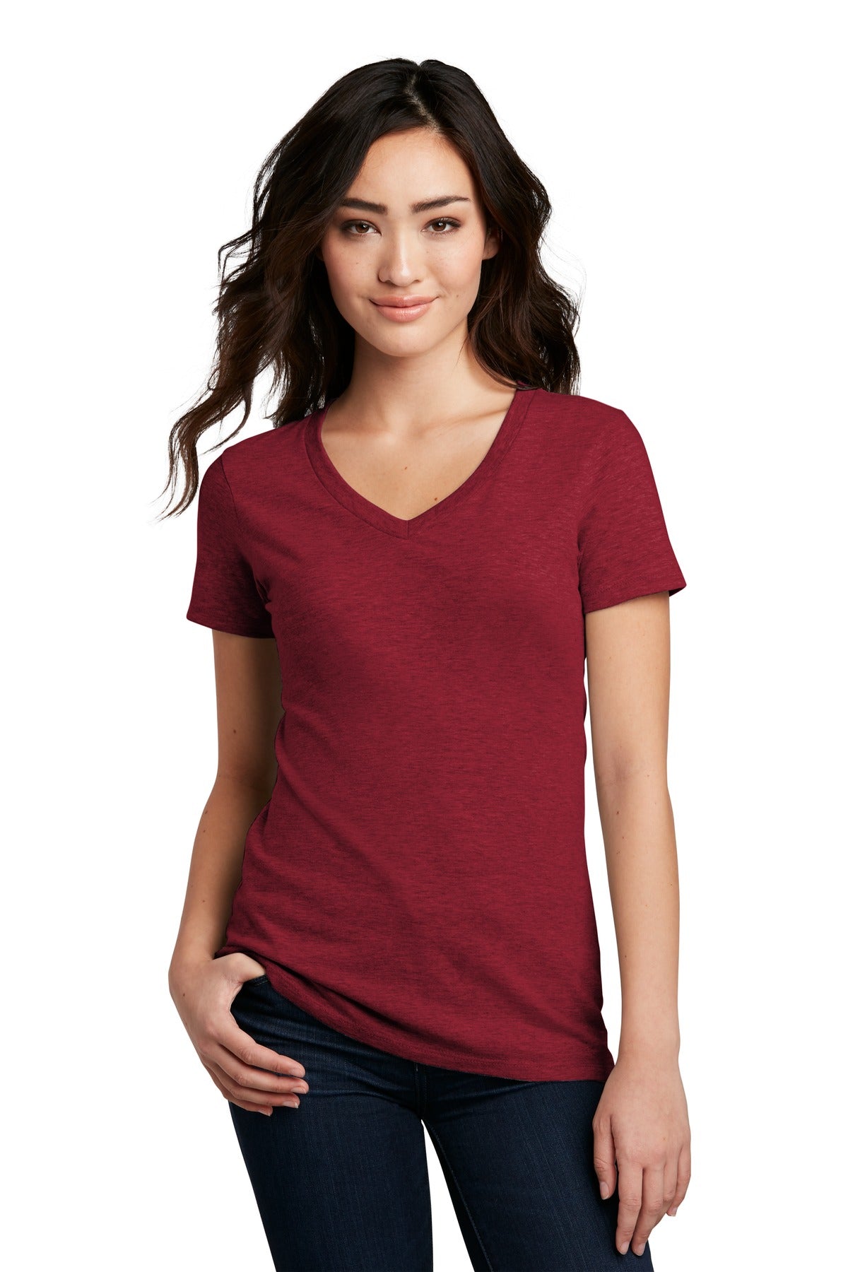Front View of Red Fleck District Women's Perfect Blend CVC V-Neck Tee. DM1190L