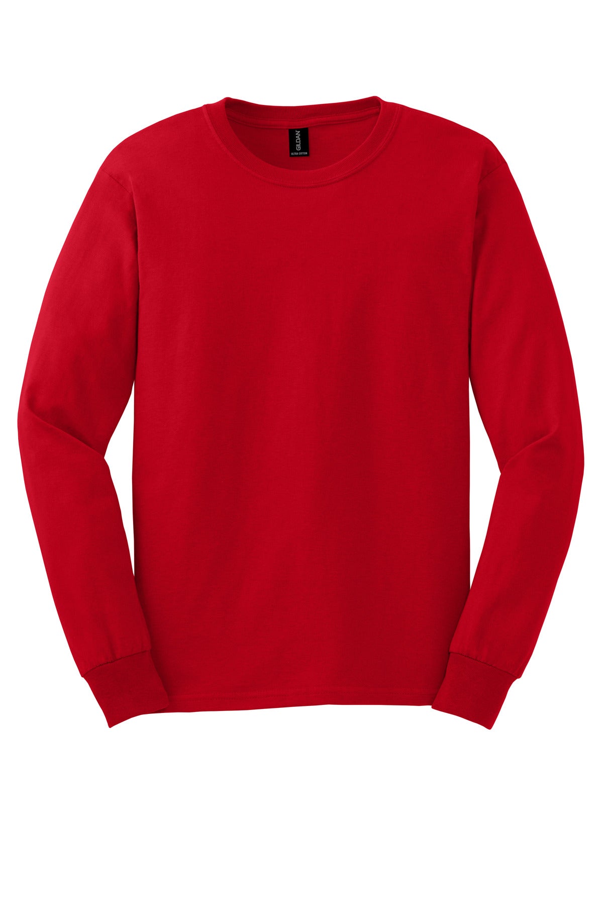 Front View of Red Gildan - Ultra Cotton 100% US Cotton Long Sleeve T-Shirt. G2400