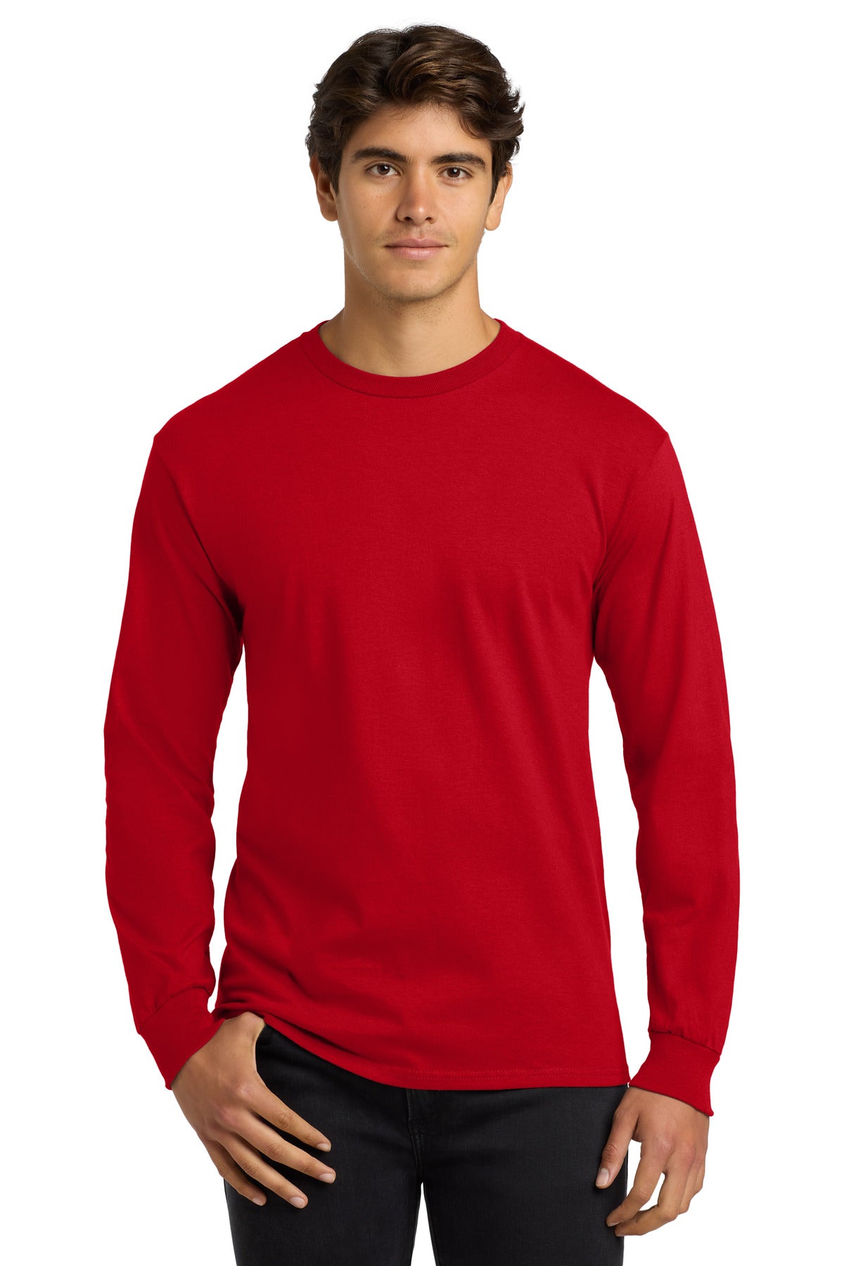 Front View of Red Gildan - Ultra Cotton 100% US Cotton Long Sleeve T-Shirt. G2400