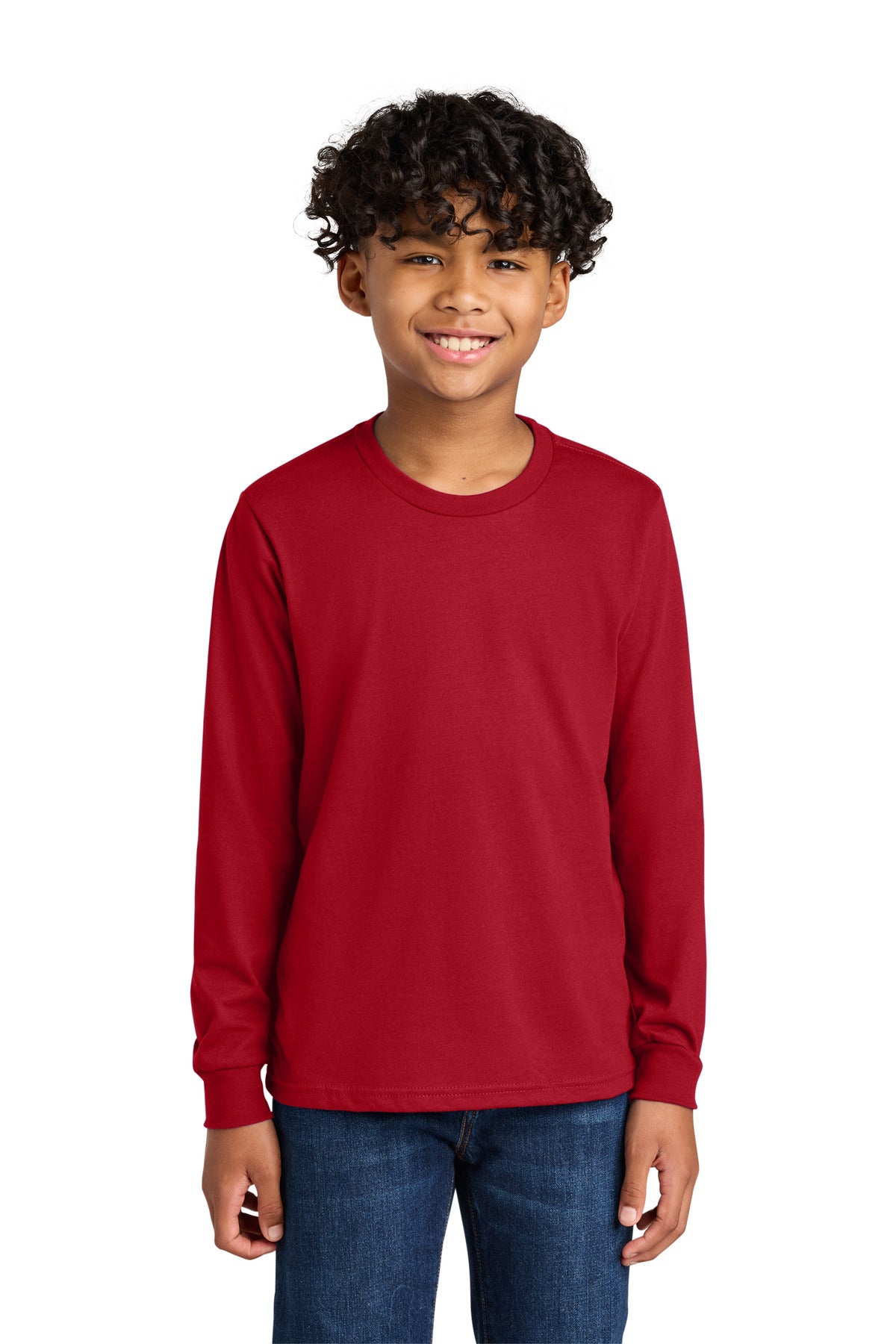 Front View of Red Next Level Apparel Youth Cotton Long Sleeve Tee NL3311