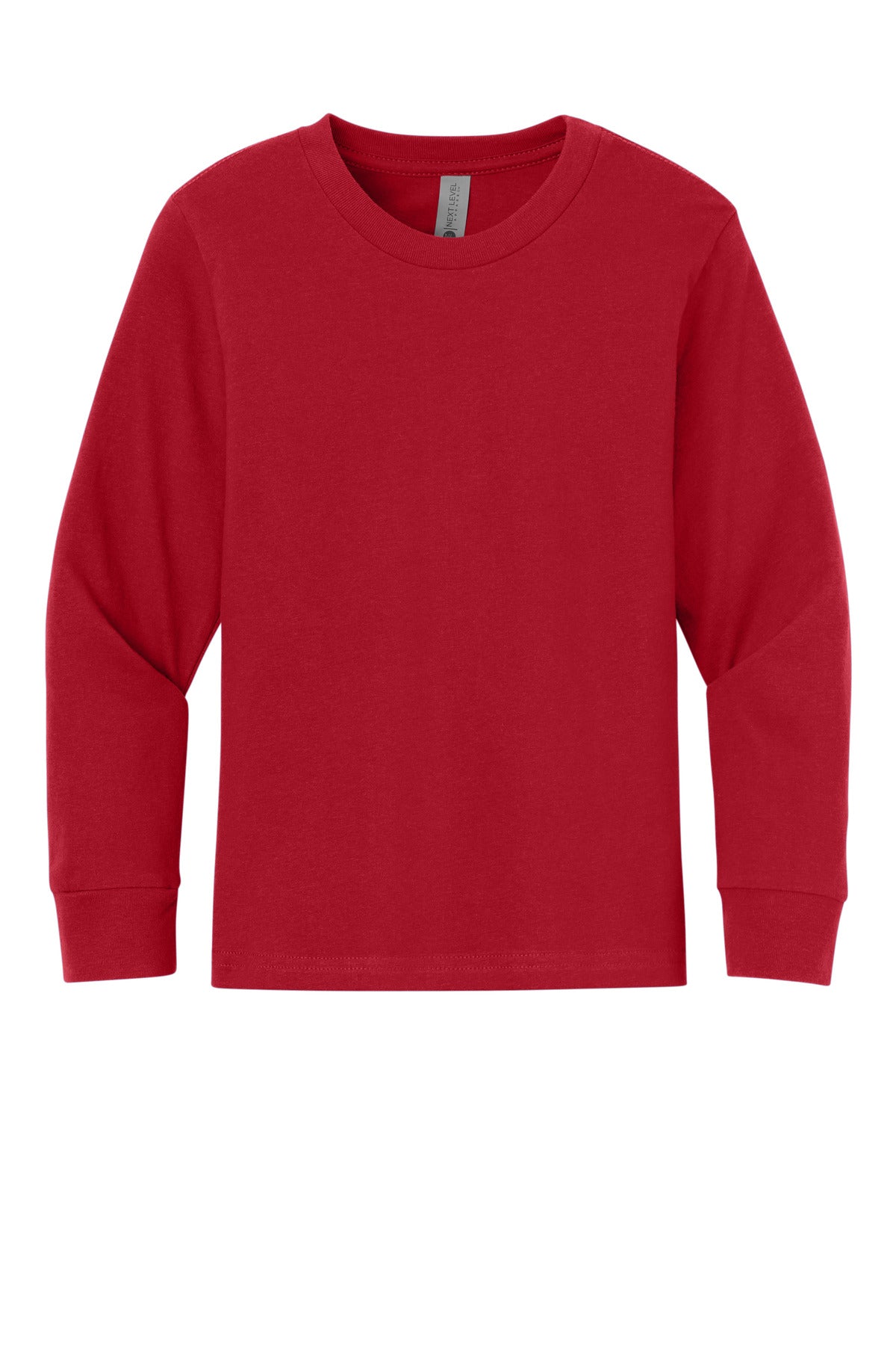 Front View of Red Next Level Apparel Youth Cotton Long Sleeve Tee NL3311
