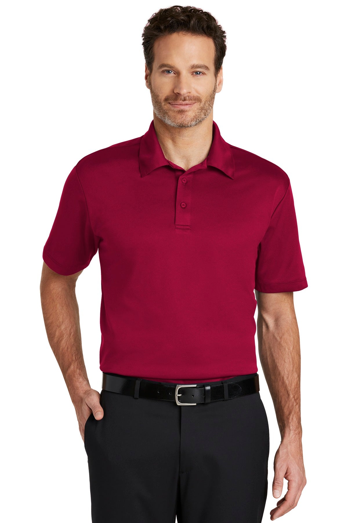 Front View of Red Port Authority Silk Touch Performance Polo. K540