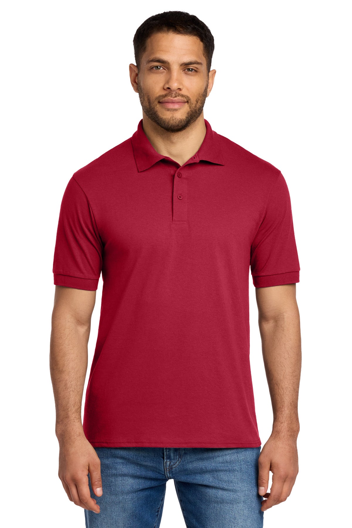 Front View of Red Port & Co Core Blend Jersey Knit Polo. KP55
