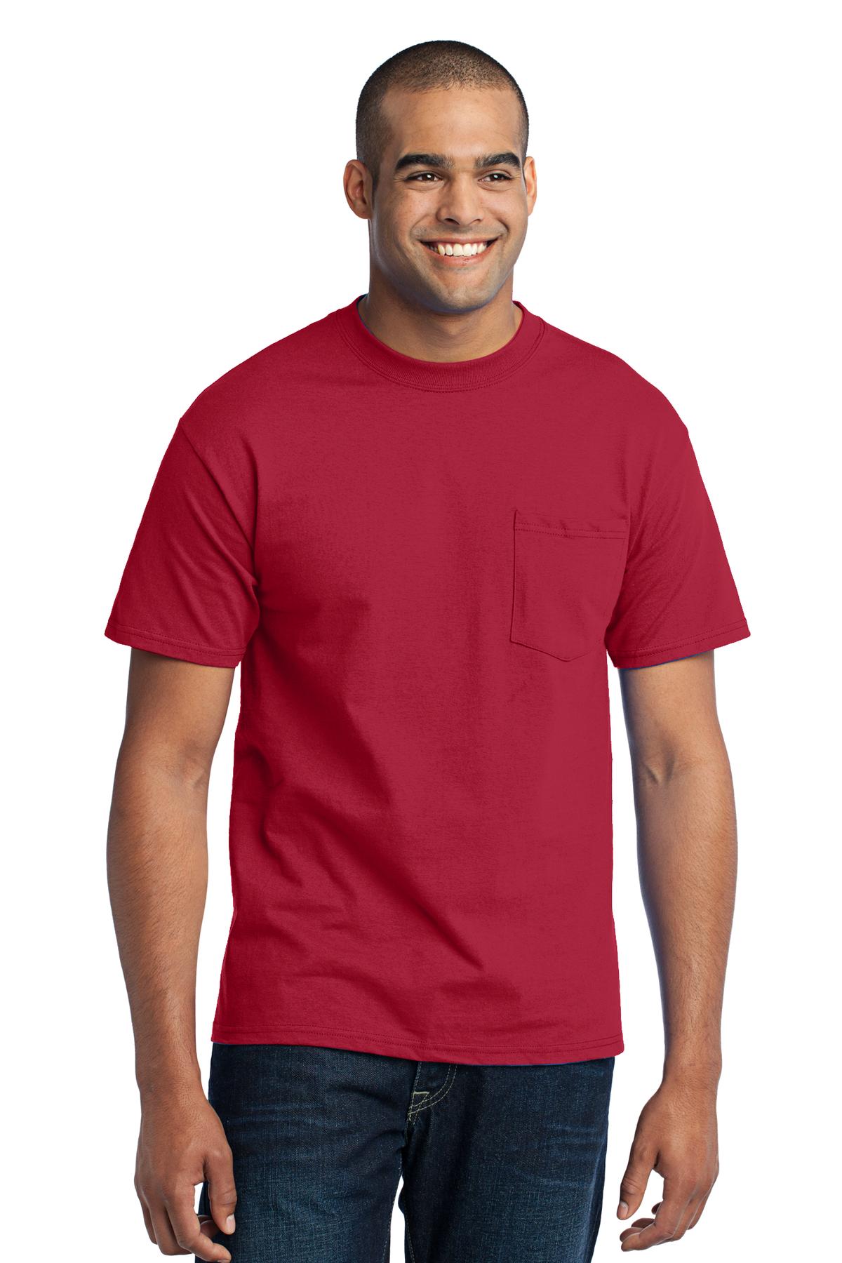 Front View of Red Port & Co Core Blend Pocket Tee. PC55P