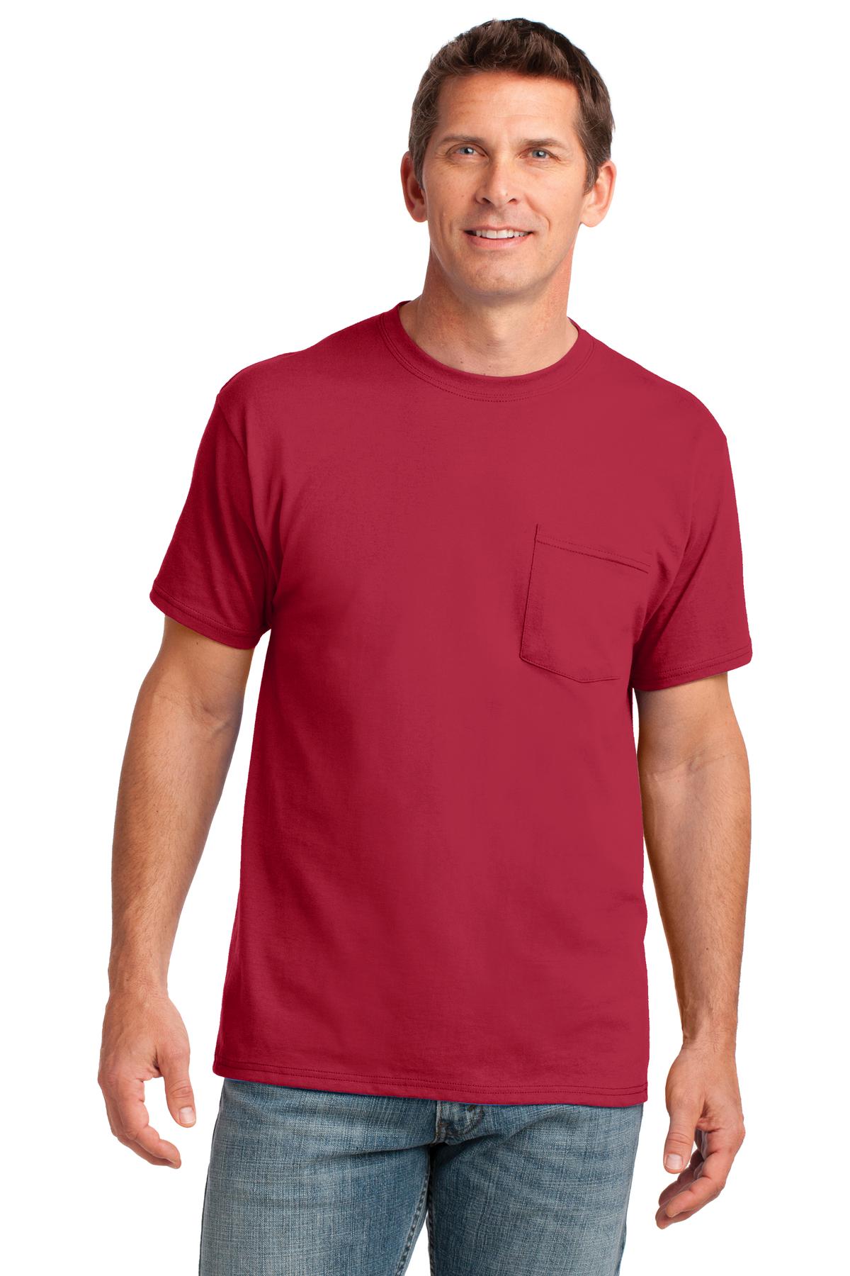 Front View of Red Port & Co Core Cotton Pocket Tee. PC54P