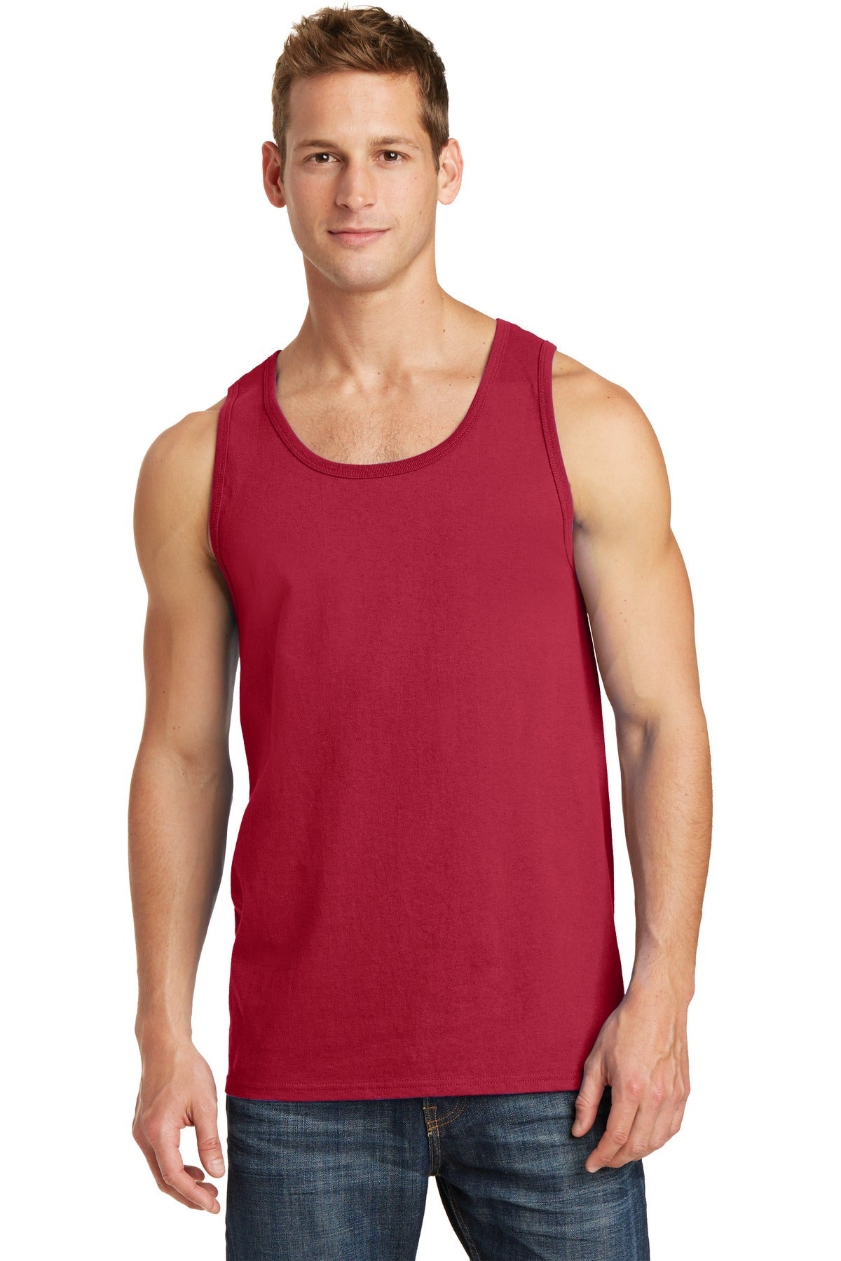 Front View of Red Port & Co Core Cotton Tank Top. PC54TT