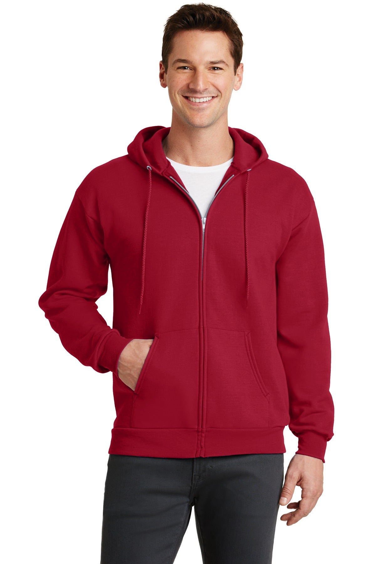 Front View of Red Port & Co Core Fleece Full-Zip Hooded Sweatshirt. PC78ZH