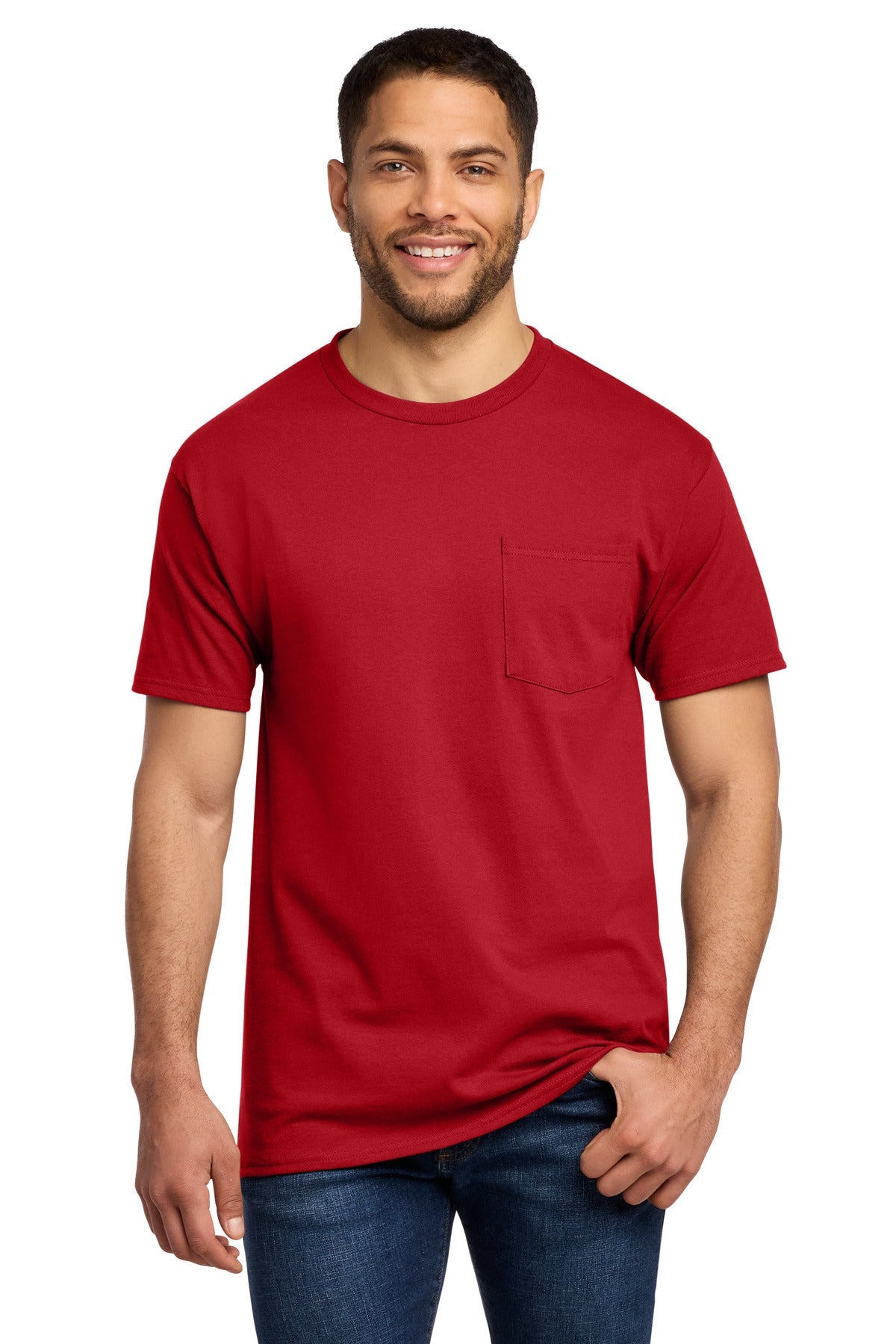 Front View of Red Port & Co Essential Pocket Tee. PC61P
