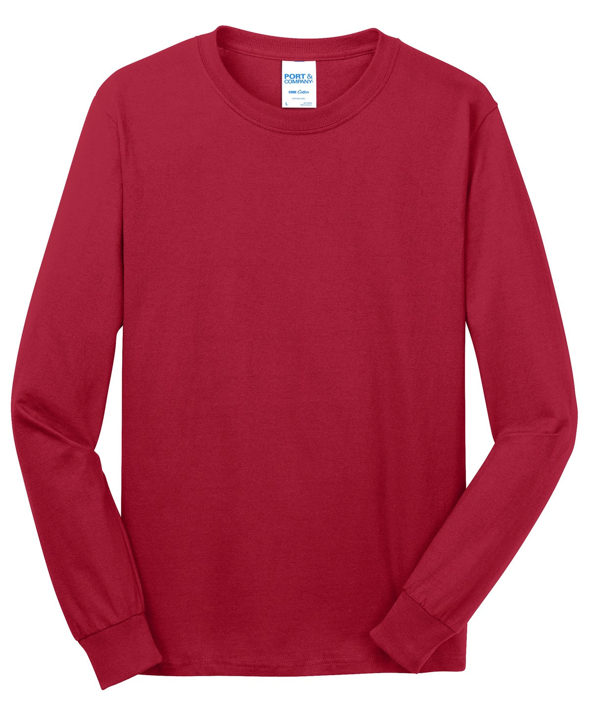 Front View of Red Port & Co Long Sleeve Core Cotton Tee. PC54LS