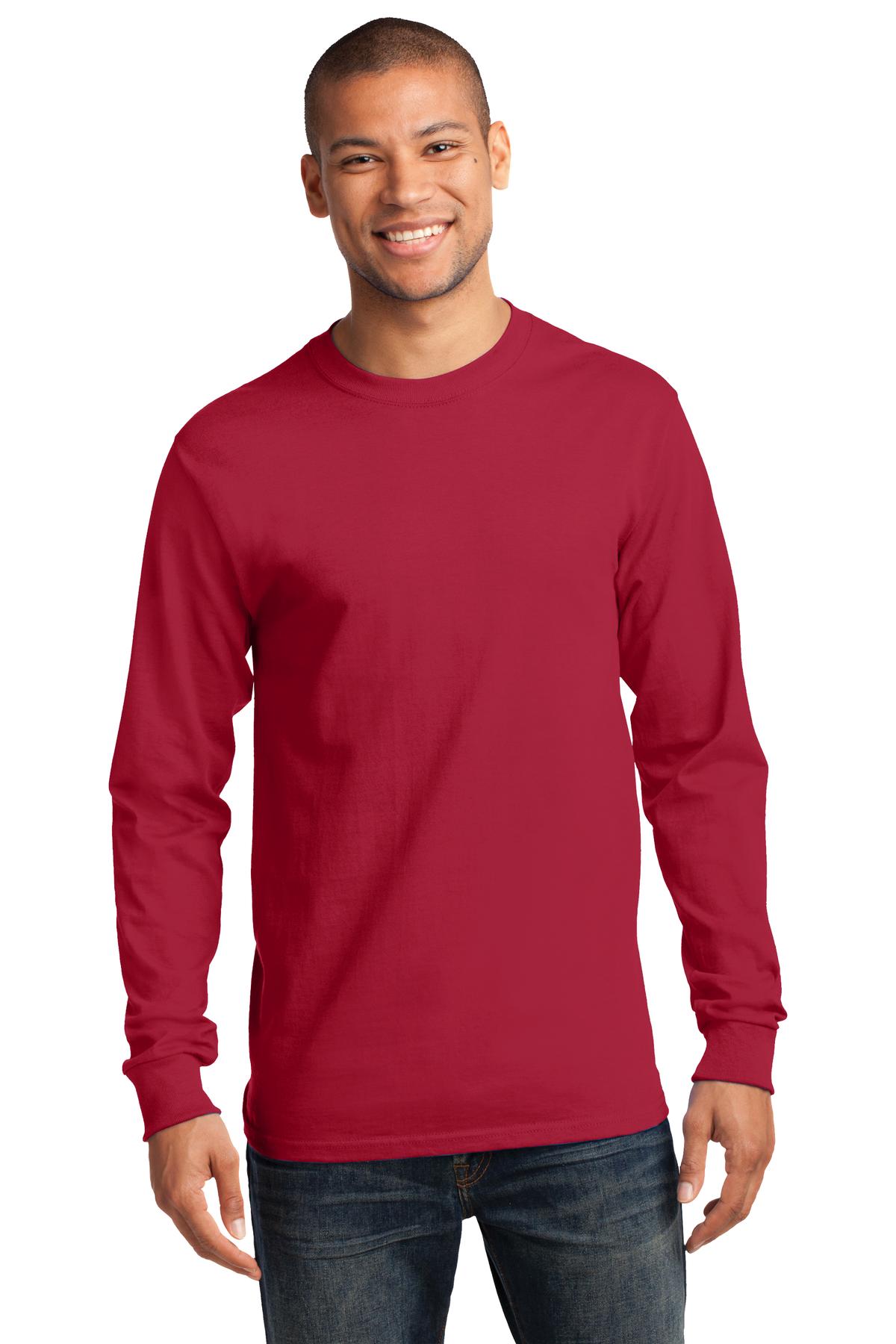 Front View of Red Port & Co Long Sleeve Essential Tee. PC61LS