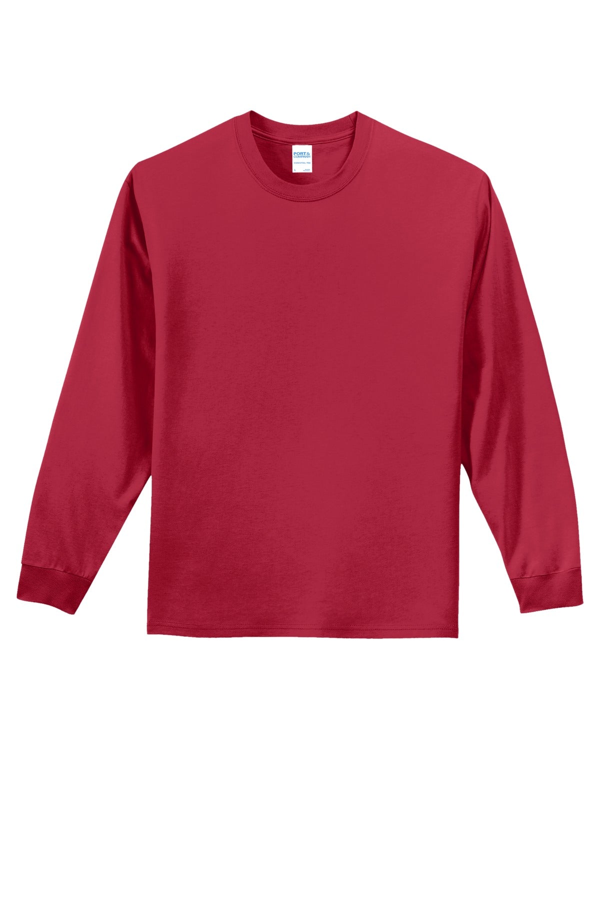 Front View of Red Port & Co Long Sleeve Essential Tee. PC61LS
