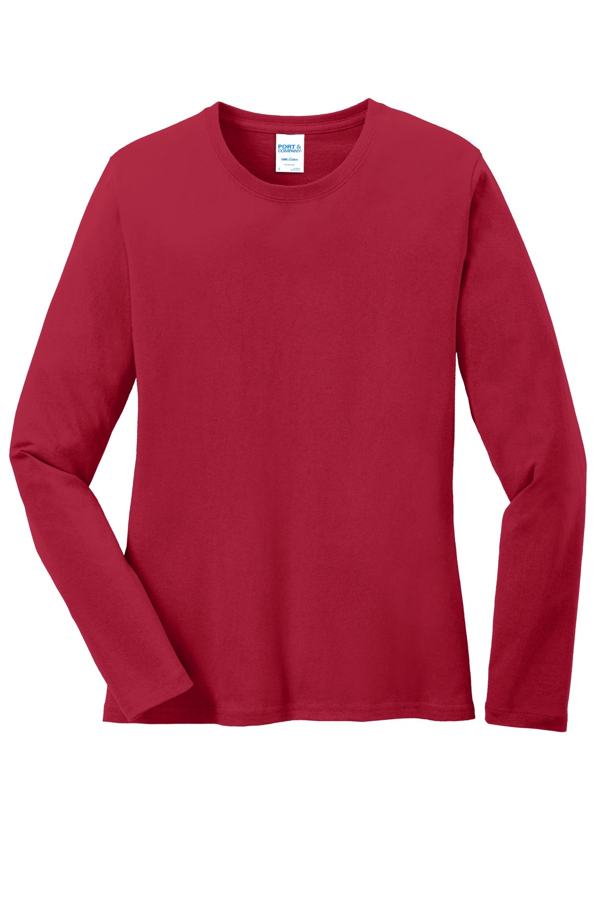 Front View of Red Port & Co Women's Long Sleeve Core Cotton Tee. LPC54LS