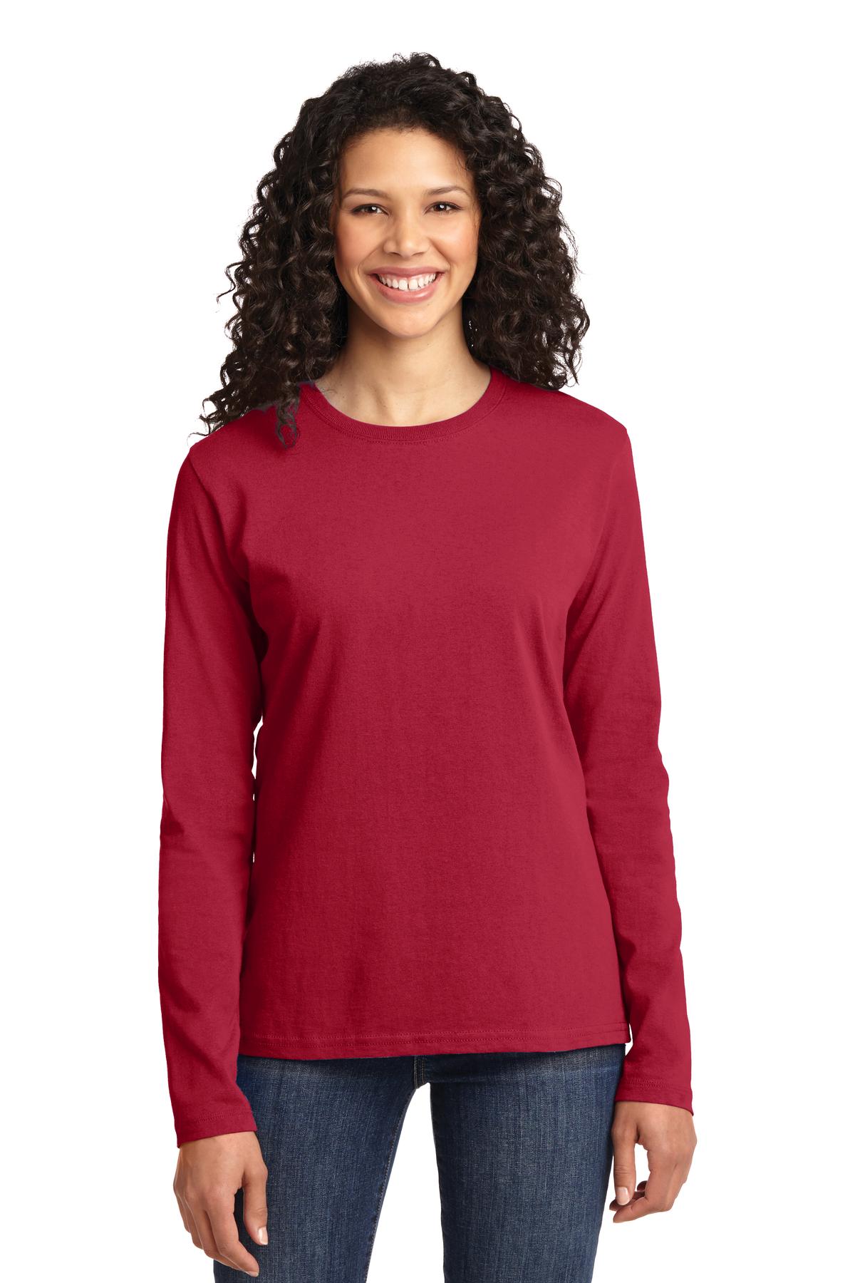Front View of Red Port & Co Women's Long Sleeve Core Cotton Tee. LPC54LS