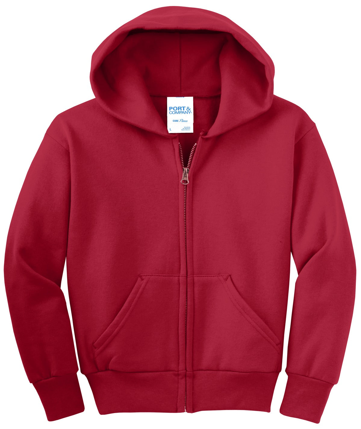 Front View of Red Port & Co Youth Core Fleece Full-Zip Hooded Sweatshirt. PC90YZH