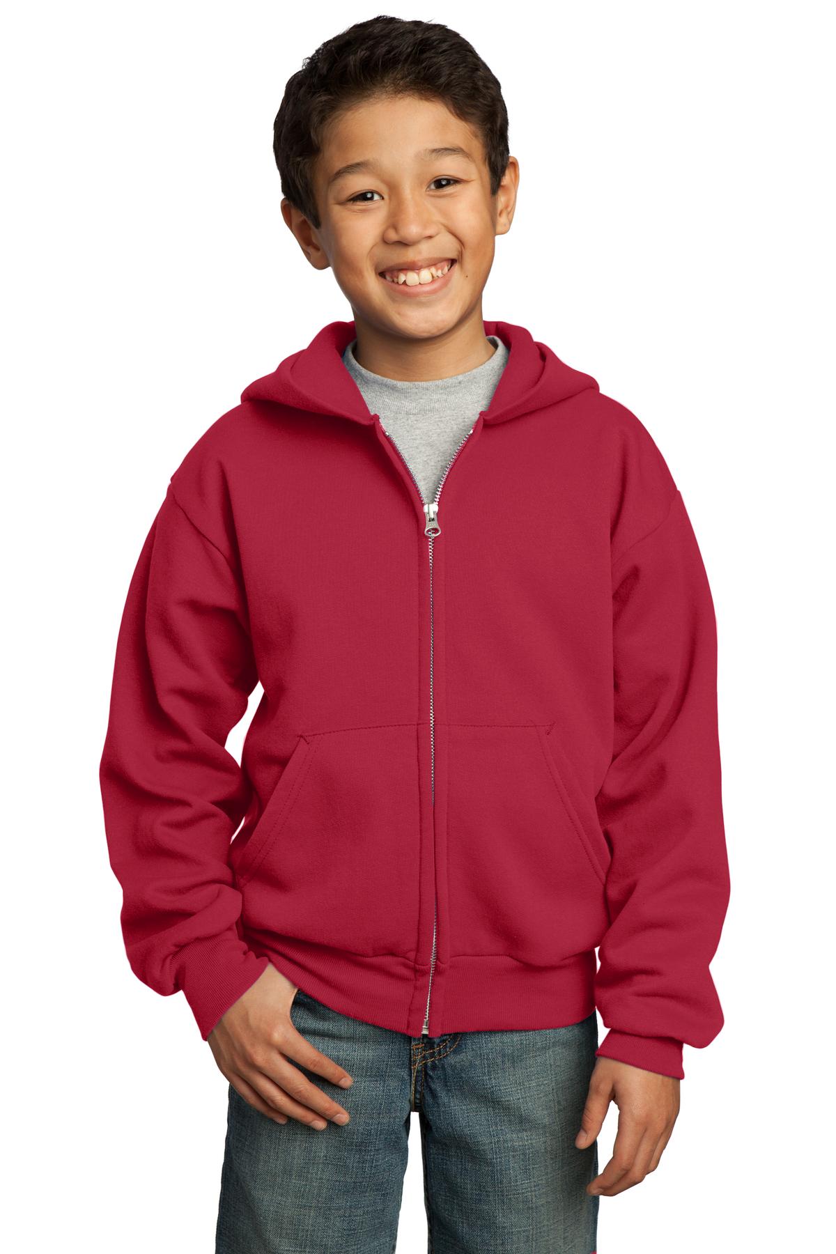 Front View of Red Port & Co Youth Core Fleece Full-Zip Hooded Sweatshirt. PC90YZH