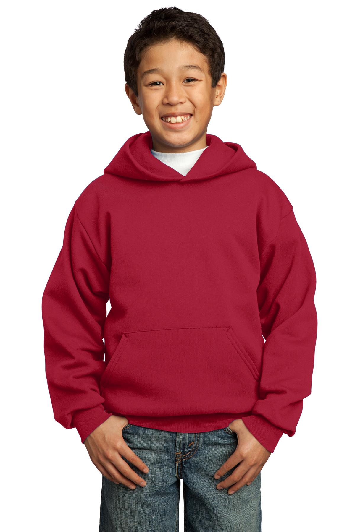 Front View of Red Port & Co Youth Core Fleece Pullover Hooded Sweatshirt. PC90YH