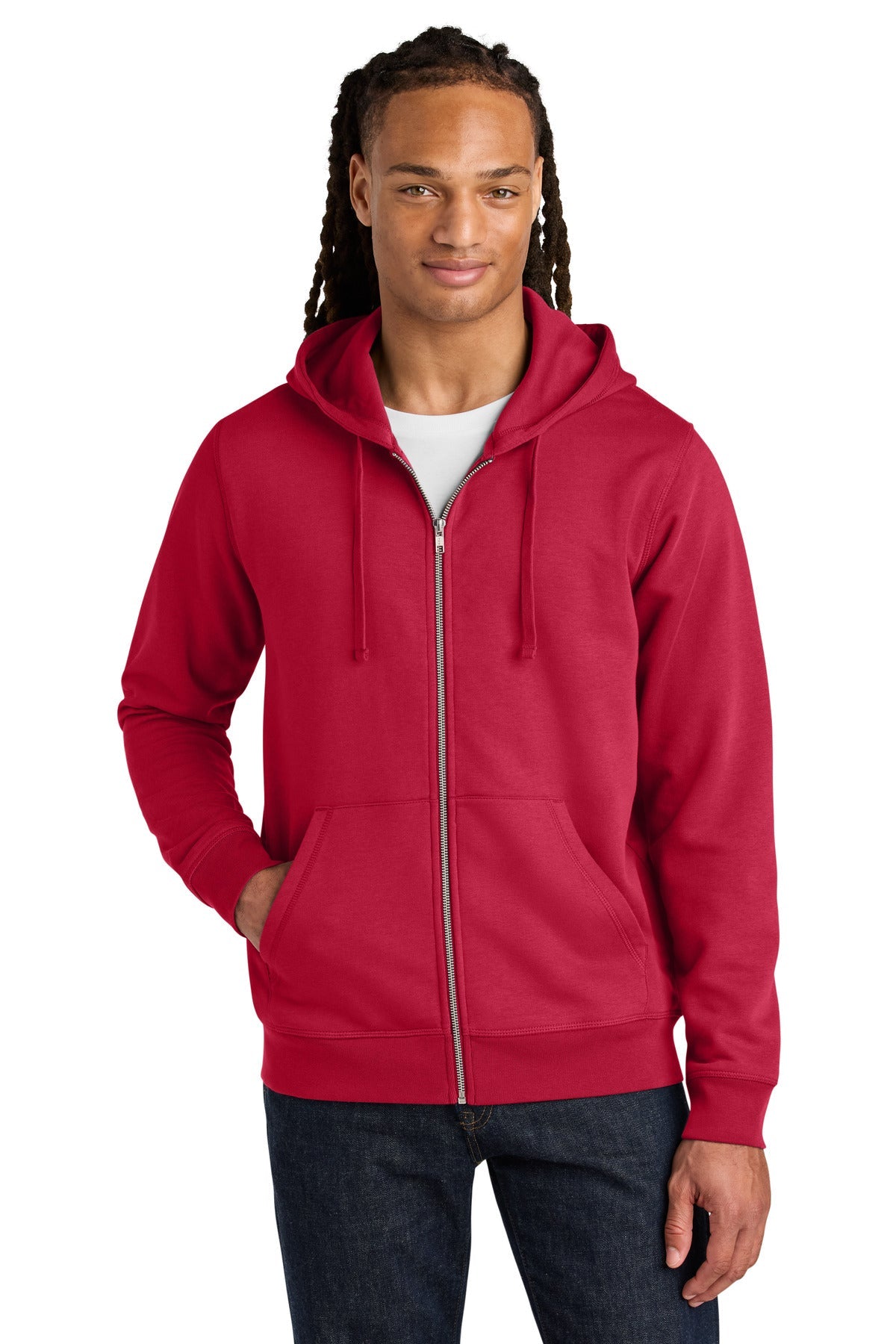 Front View of Red Stanley/Stella Unisex Mixer Full-Zip Hooded Sweatshirt SXU011