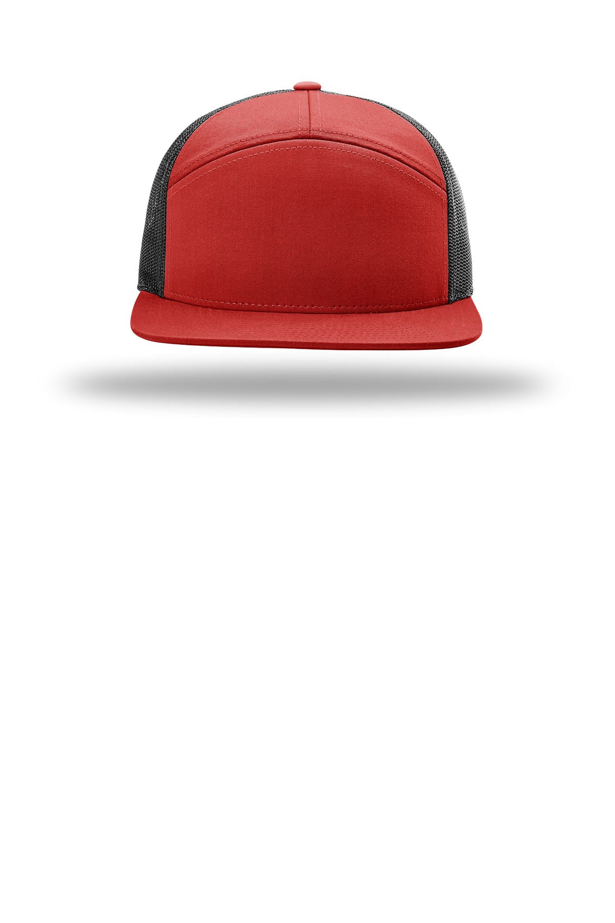 Front View of Red/Black Richardson 7-Panel Trucker 168