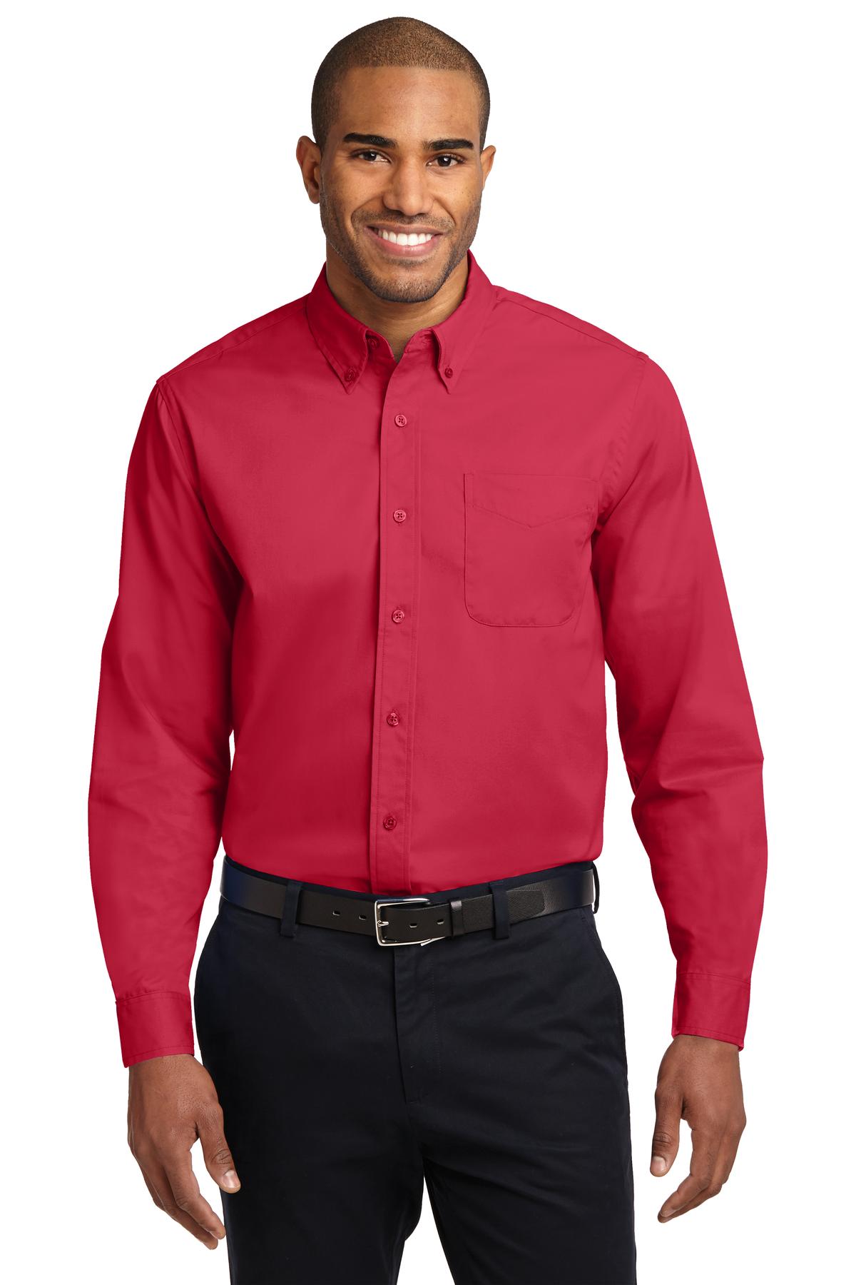 Front View of Red/Lt Stone Port Authority Long Sleeve Easy Care Shirt S608