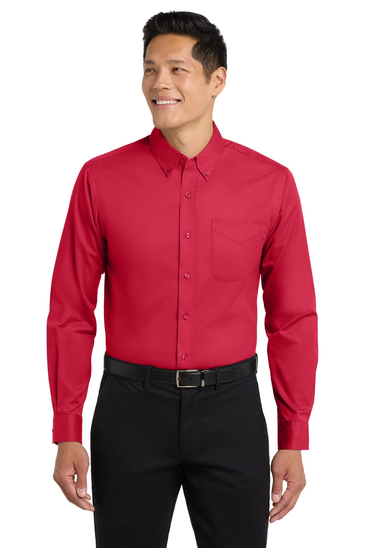 Front View of Red/Lt Stone Port Authority Long Sleeve Easy Care Shirt S608