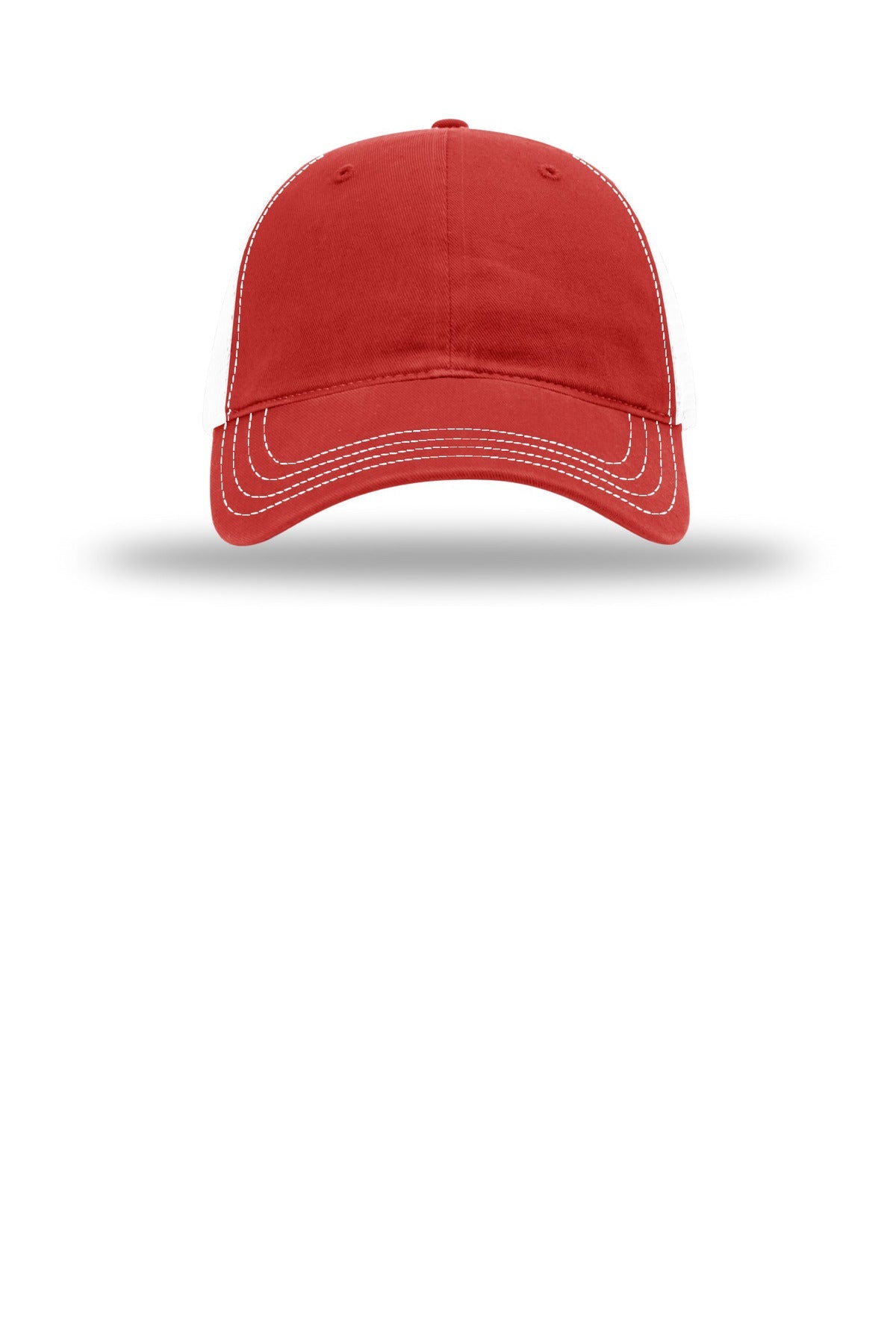 Front View of Red/White Richardson Garment Washed Trucker 111