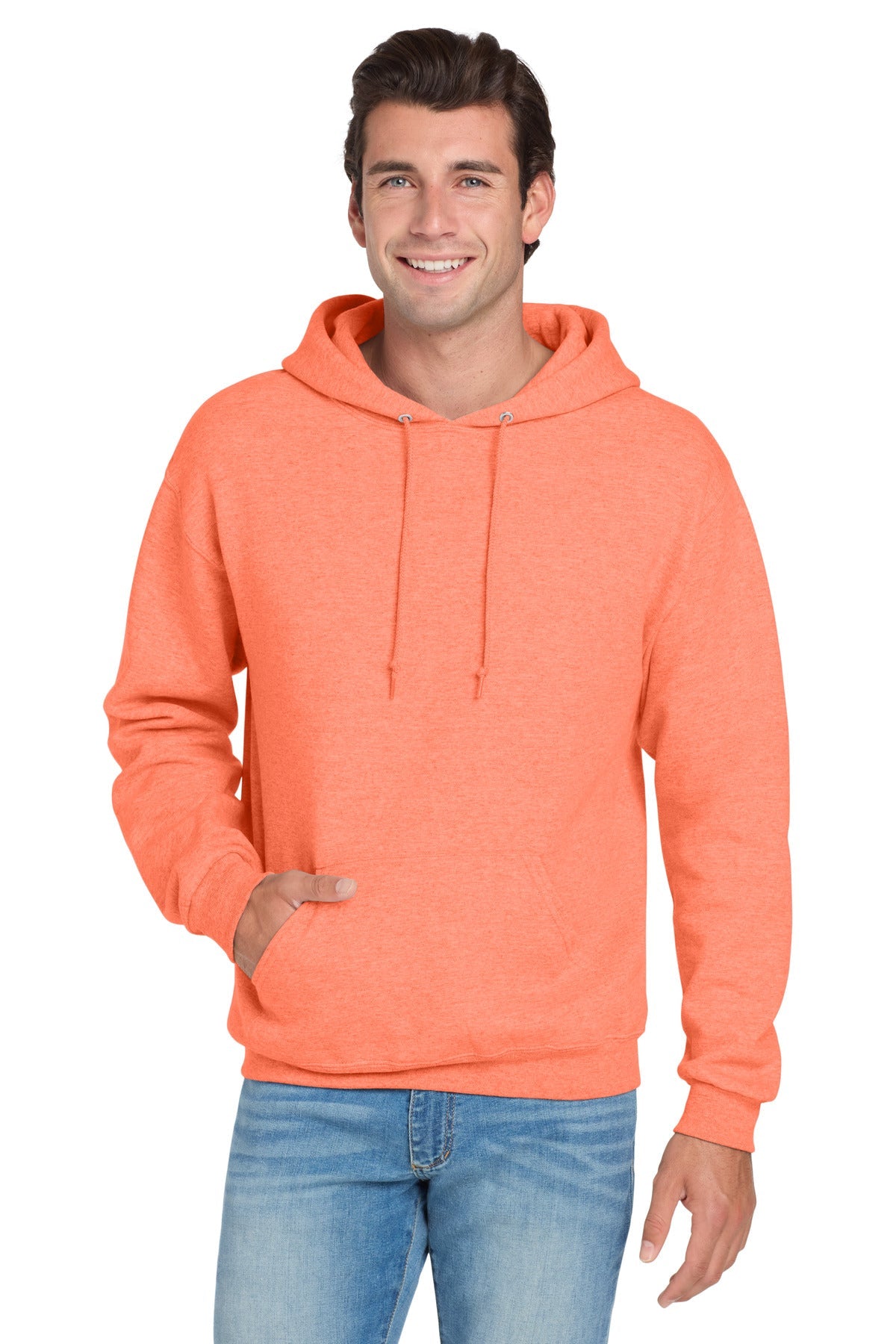 Front View of RetHtCoral Jerzees NuBlend Pullover Hooded Sweatshirt. 996M