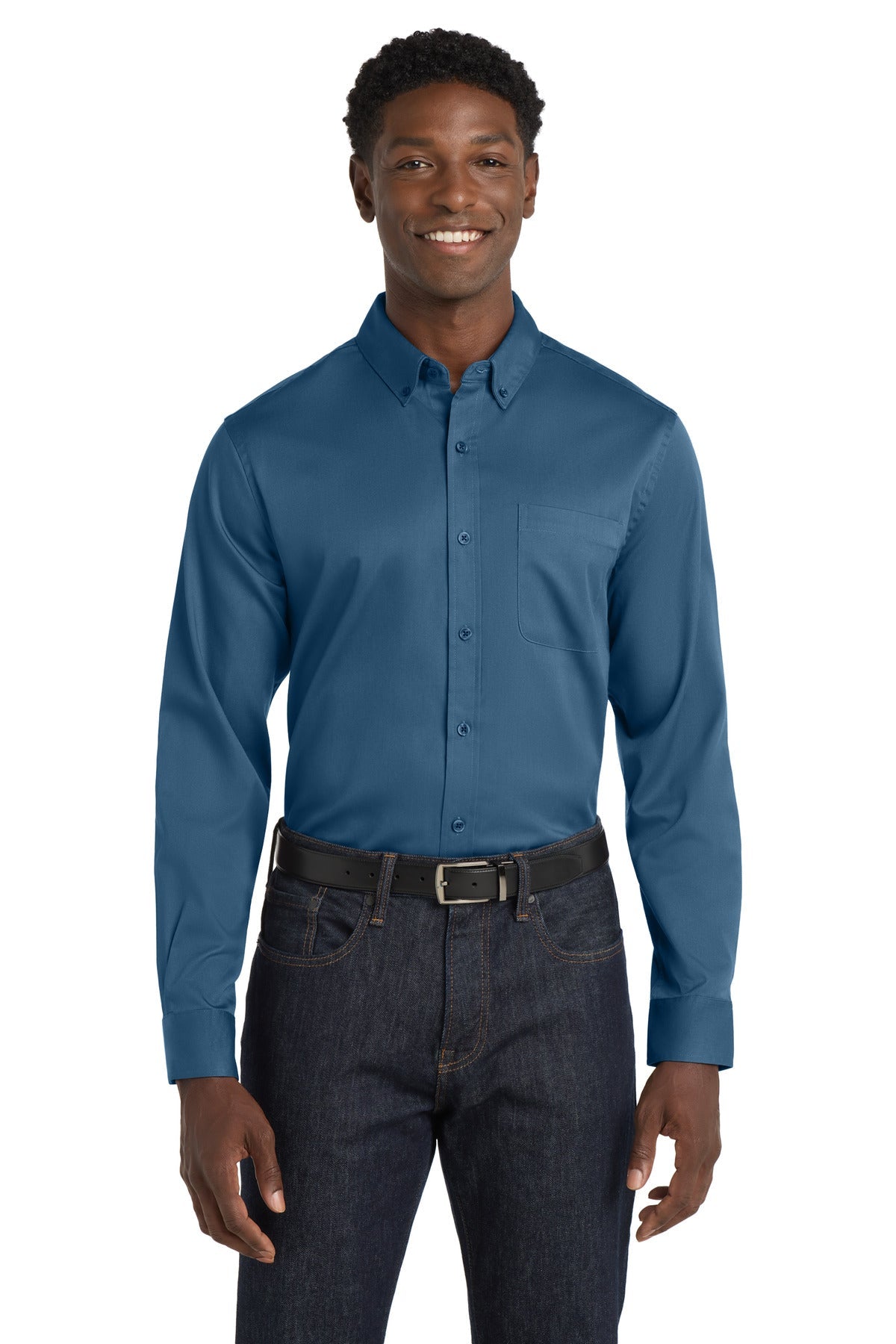 Front View of RgttaBlue Port Authority Long Sleeve SuperPro React Twill Shirt. W808