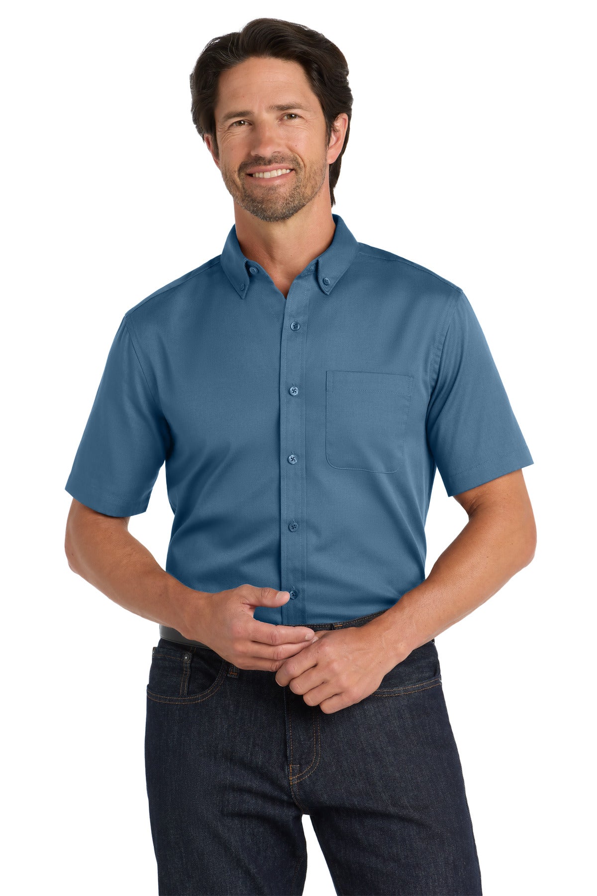 Front View of RgttaBlue Port Authority Short Sleeve SuperPro React Twill Shirt. W809